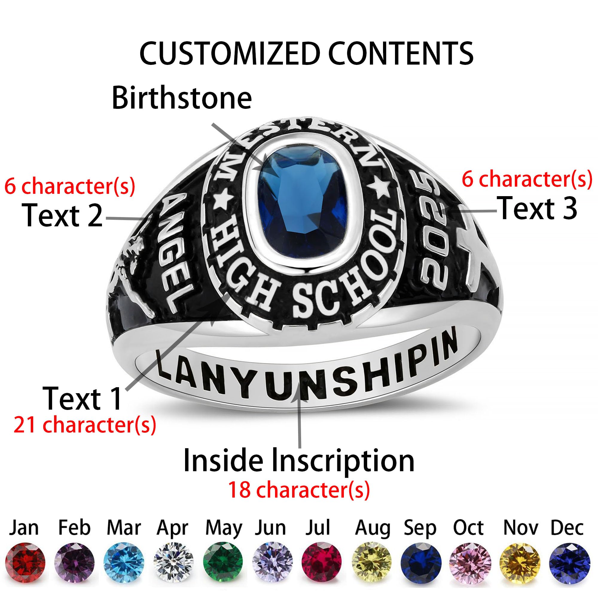 Custom Sterling Silver Class Rings for Women - Personalized High School & College Graduation Rings with Birthstone, Sizes 5-15 | Perfect Gift for Graduates, Anniversary & Special Occasions