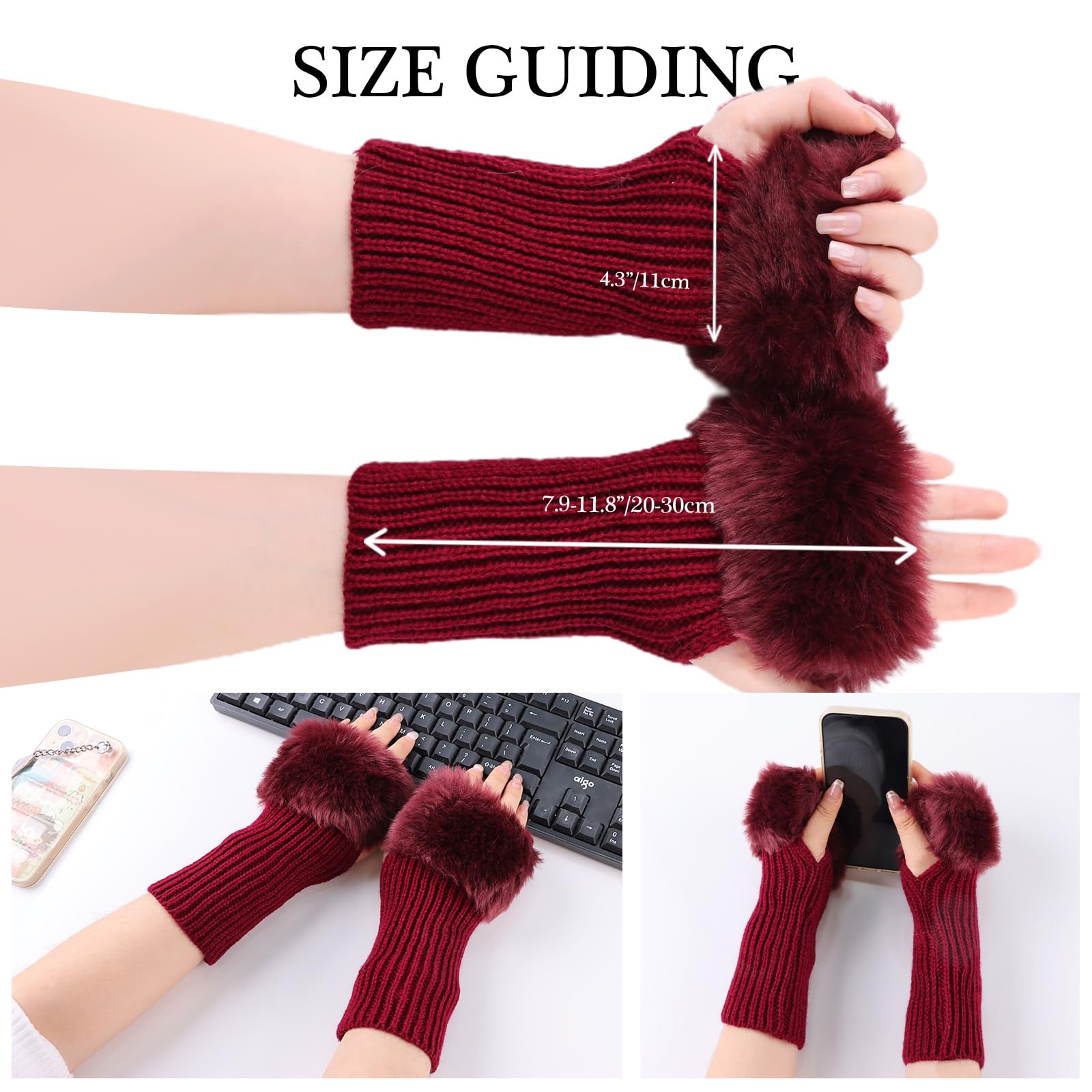 Winter Fingerless Gloves for Women - Knitted Arm Warmers with Thumb Hole & Faux Fur Wrist Cuff | Cozy Hand Mittens for Outdoor Activities, Office Work, and Cold Weather Fashion