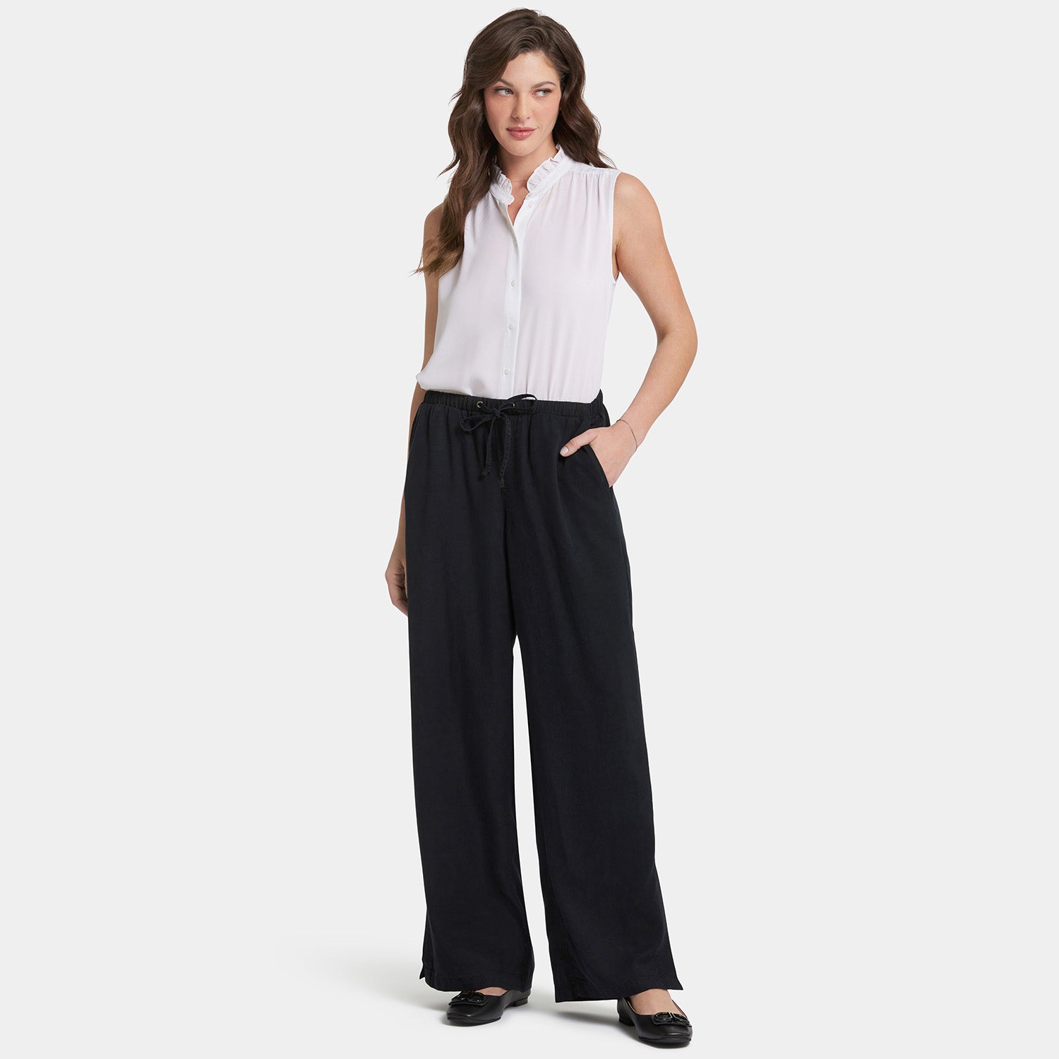 Jayne Wide Leg Pull On Pants - Overdye Black | Comfortable Stretchy High Waist Trousers for Women | Perfect for Work, Office & Casual Outfits