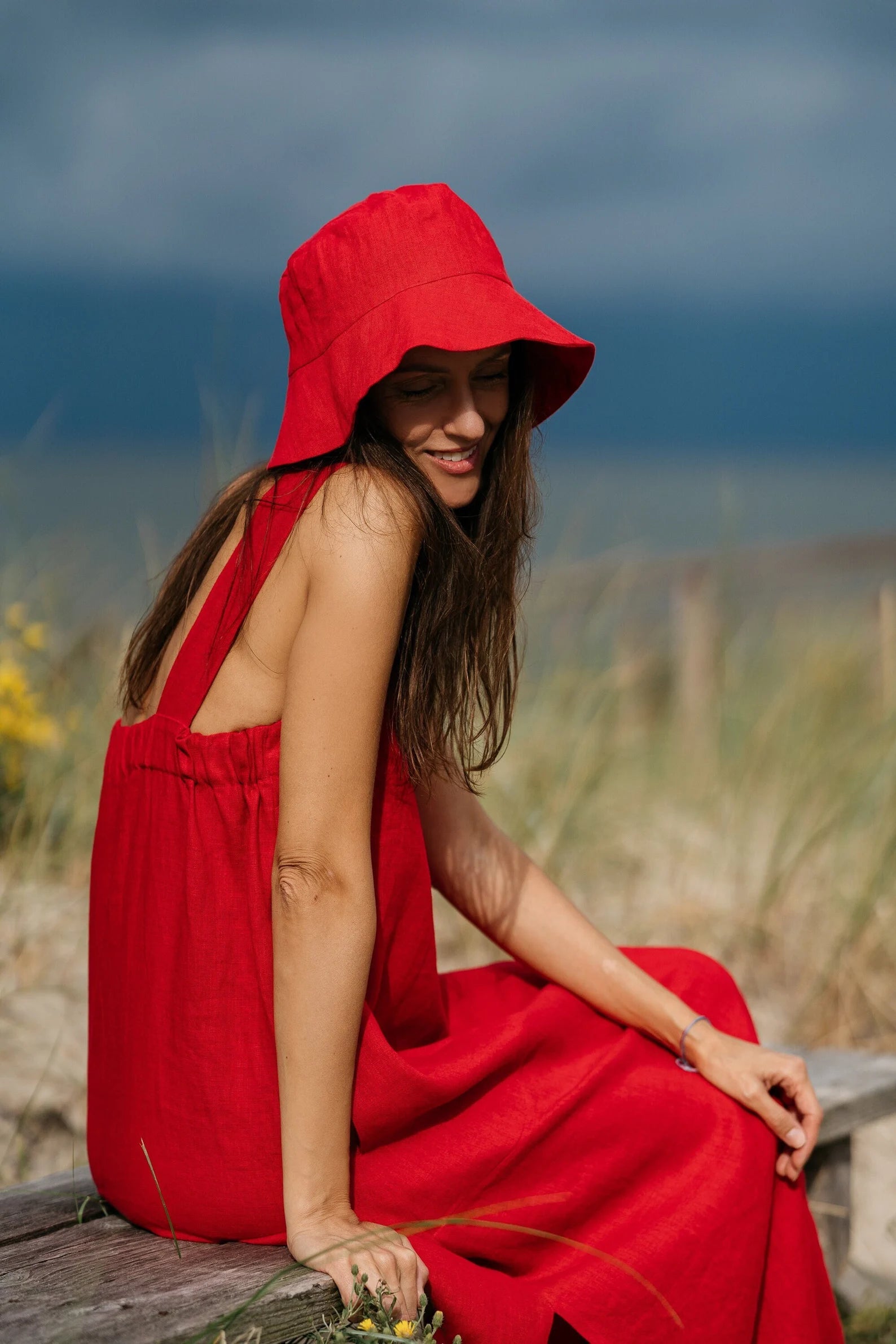 Red Linen Bucket Hat for Women & Men - Summer Sun Protection, Beach, Outdoor Activities