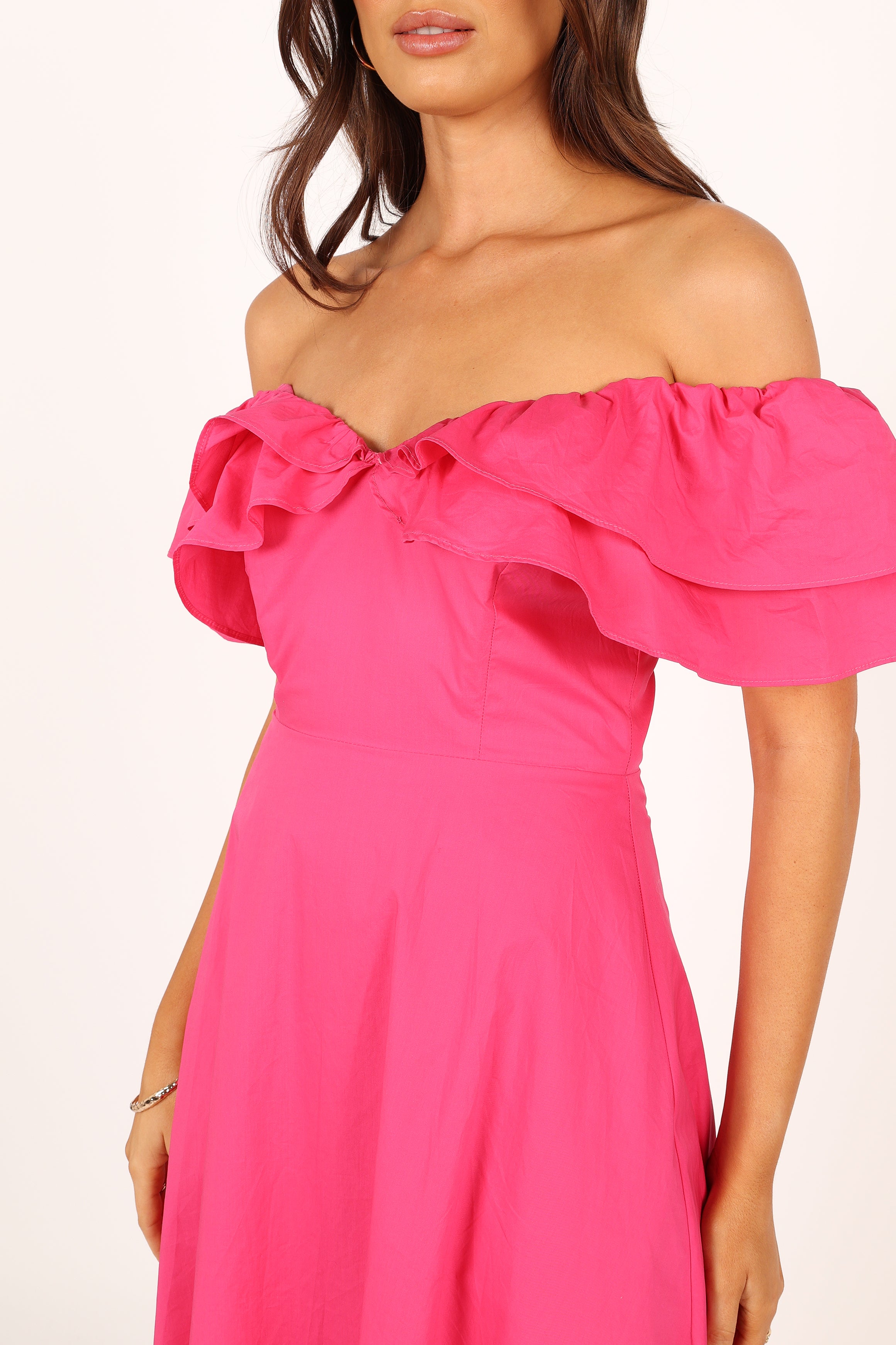 Elegant Cabo Frill Sleeve Midi Dress in Magenta - Perfect for Summer Vacations, Beach Weddings & Date Nights