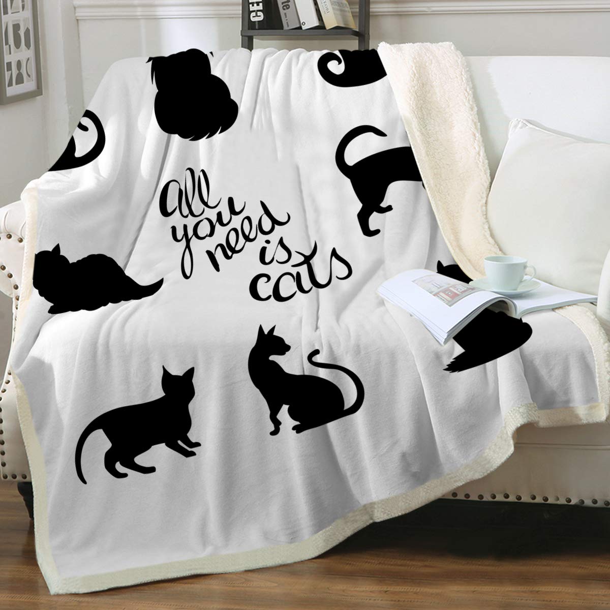 Sleepwish Cat Throw Blanket for Girls - Cute Cats Lettering Printed Soft Warm Sherpa Fleece Blanket (60x80 Inches) - Black Cat Silhouette on White Plush for Bed, Couch & Sofa - Perfect Twin Size Cozy Blanket for Winter Nights & Gift Giving
