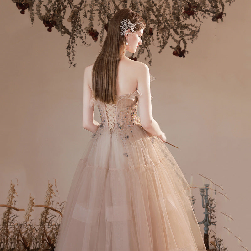 Champagne Off Shoulder Tulle Prom Dress with Beading - Elegant Formal Party Gown for Homecoming, Quinceañera & Evening Events - Style 676