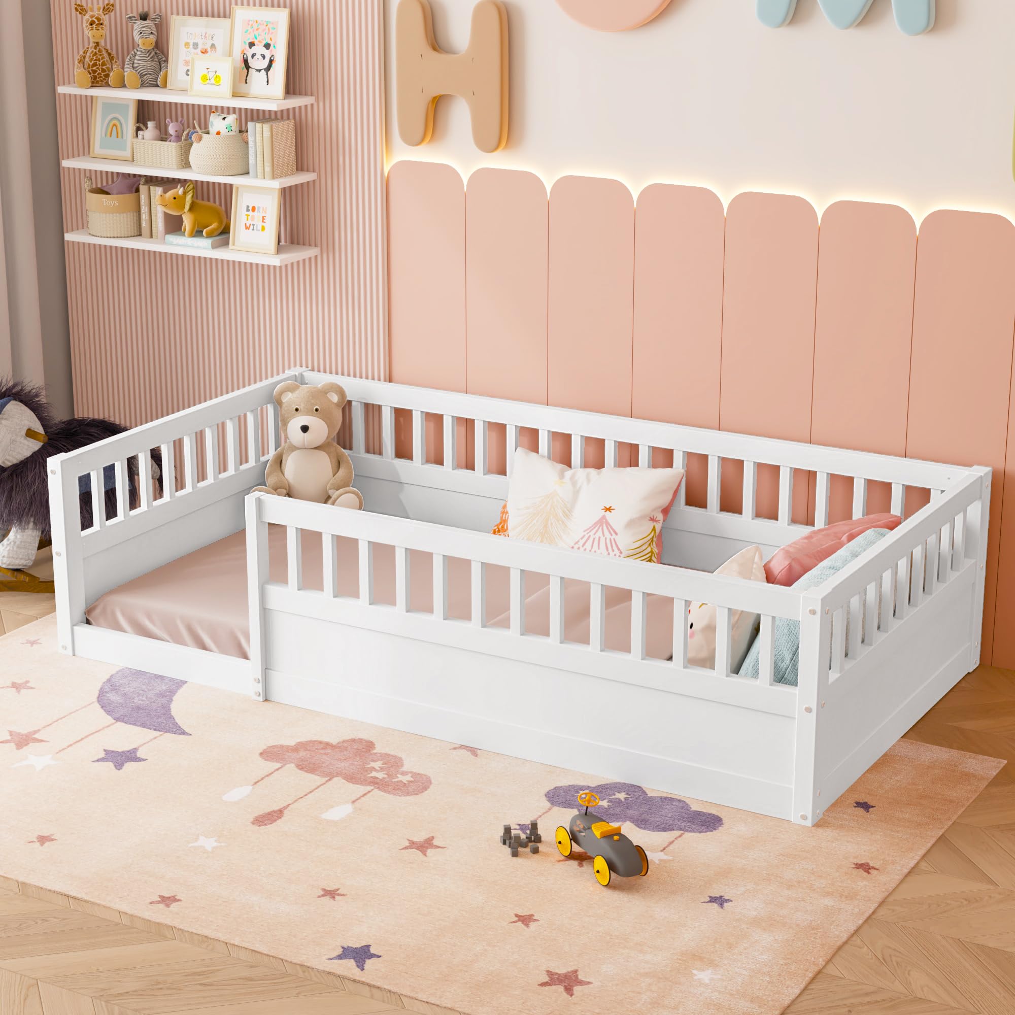 Bellemave Twin Size Montessori Floor Bed for Kids - Wooden Playhouse Bed with High Safety Railings for Baby Boys, Girls & Teens - No Slats Included (White) - Perfect for Montessori Rooms, Daycare Centers & Safe Toddler Sleep Spaces