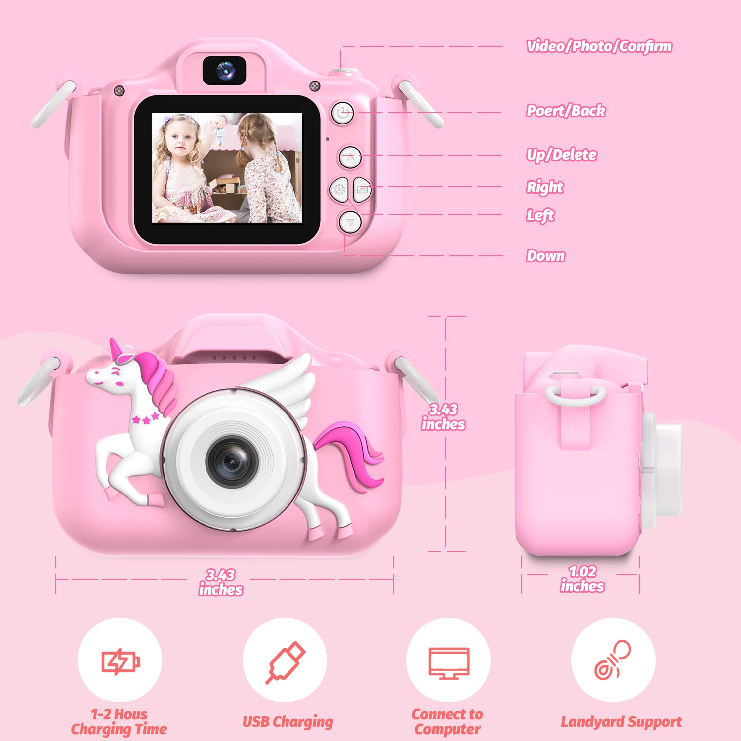 Pink Kids Digital Camera for Girls Age 3-12 | Selfie Camera Toy with Photo Fun Features | Perfect Christmas & Birthday Gift for 3-9 Year Old Girls | Great for Travel, Parties & Creative Play
