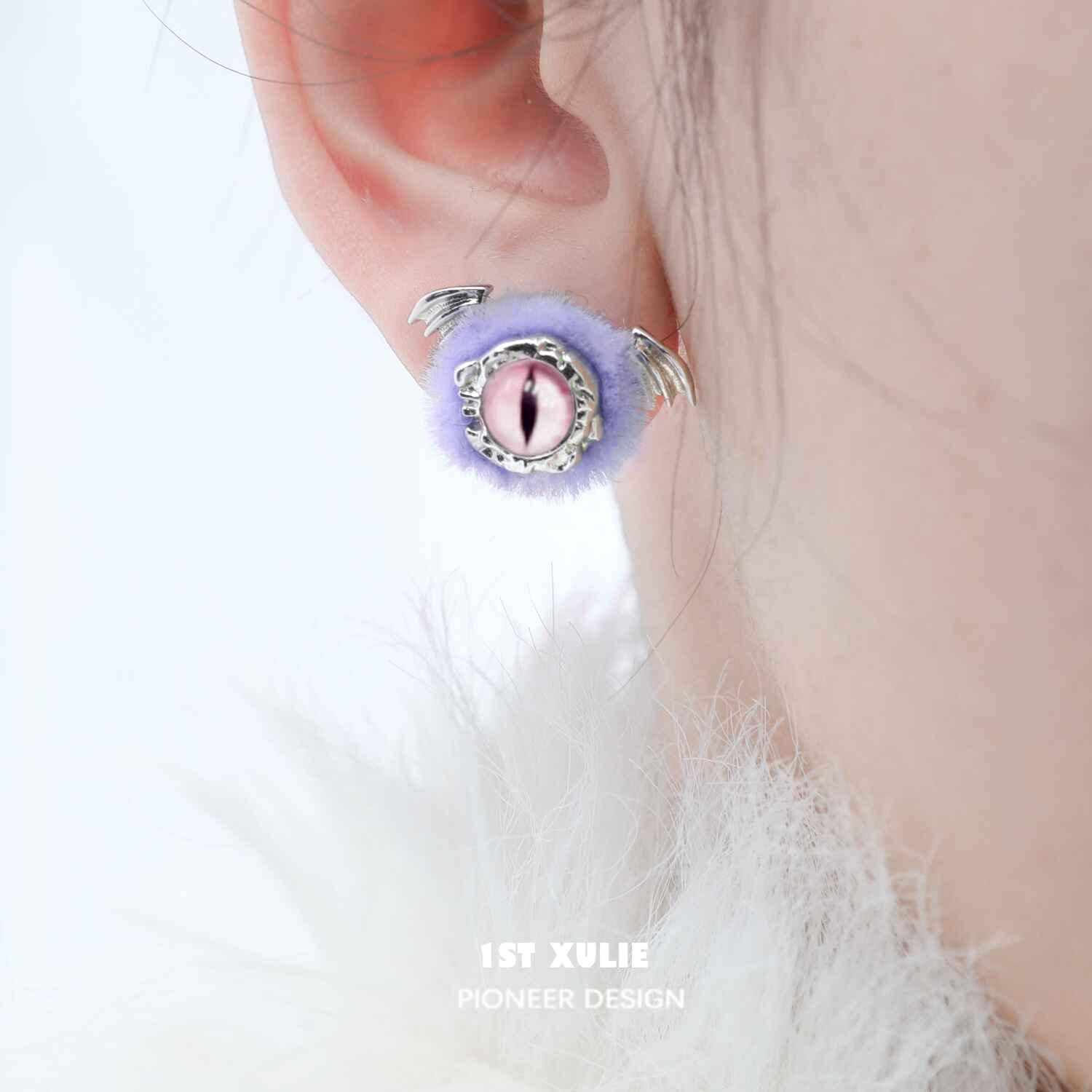 Little Demon Fluffy S925 Sterling Silver Demon Earrings - Gothic Punk Ear Clips for Women - Perfect for Halloween, Cosplay & Alternative Fashion