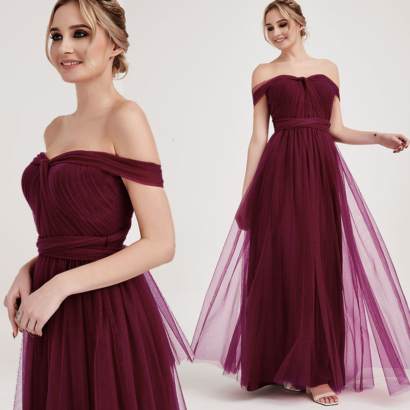 Burgundy Multi-Way Sweetheart Tulle Bridesmaid Dress - Adjustable Straps, Flowy Skirt - Perfect for Weddings, Prom, Formal Events & Special Occasions