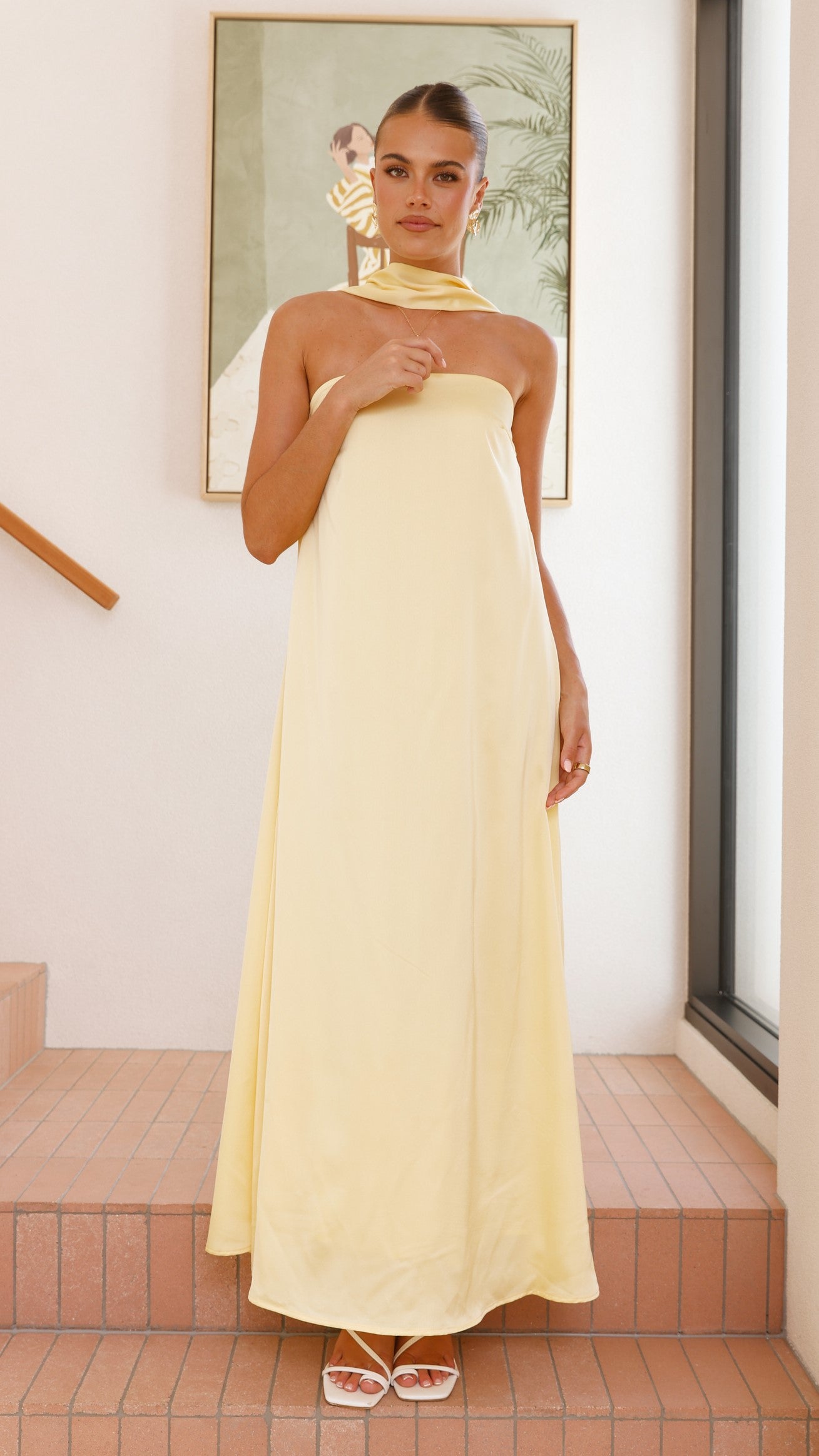 Strapless Scarf Maxi Dress in Yellow - Elegant Summer Beach Wedding Party Dress for Women