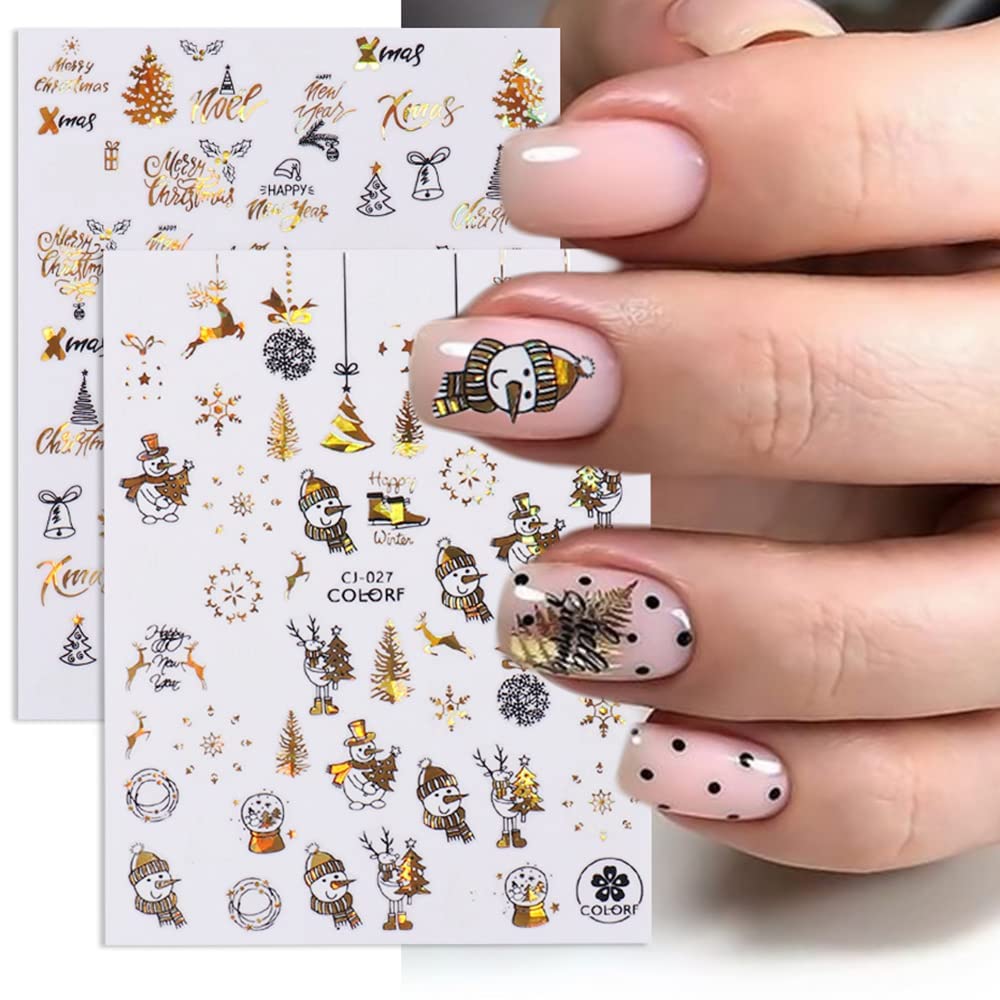Doneace 3D Laser Nail Stickers - Christmas Nail Art Decals Kit (9PCS) with Gold Snowflake, Santa Claus & Reindeer Designs - DIY Nail Decorations for Women & Girls | Perfect for Holiday Parties, Gift Giving & Festive Nail Art