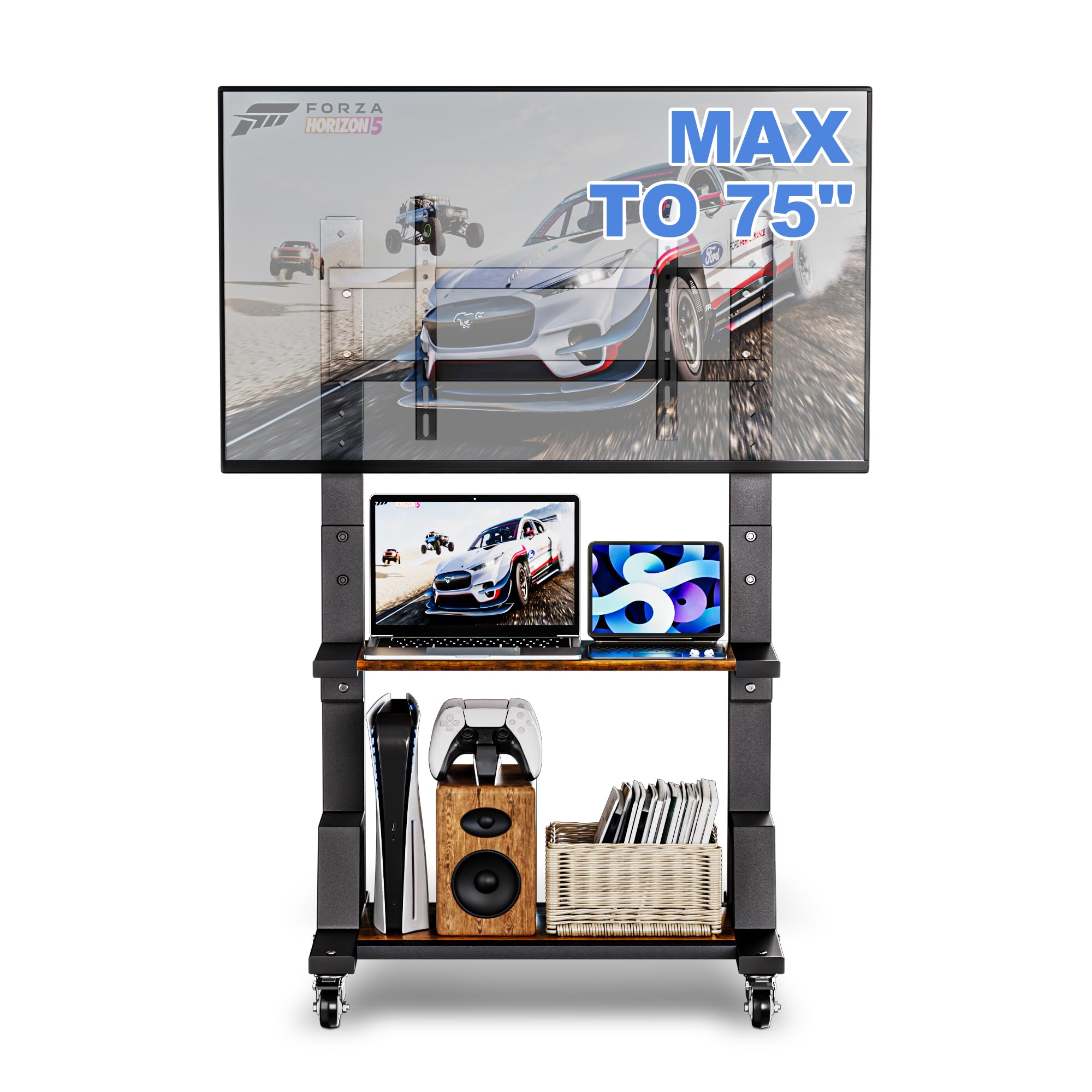 Heavy-Duty Rolling TV Stand with Large Storage - Mobile TV Cart for 32-75 Inch TVs (Max VESA 600x400mm, 150 lbs Capacity) - Adjustable Height TV Stand for Living Room, Bedroom, Office & Outdoor Use - Rustic Brown Finish
