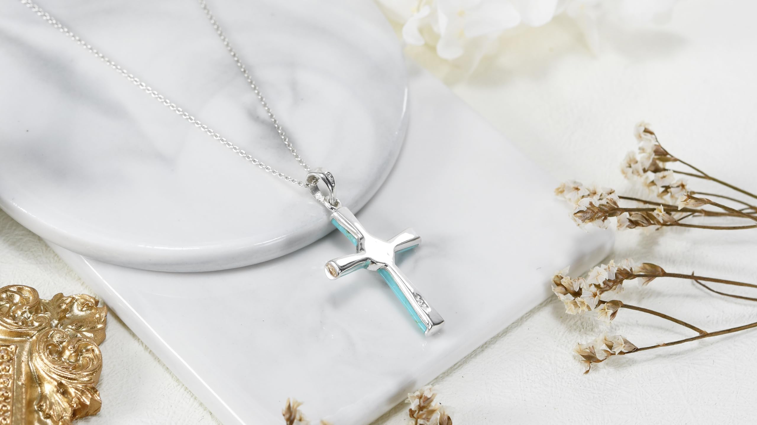 Green Cross Necklace for Women - .925 Sterling Silver with Turquoise & Pearl | 18