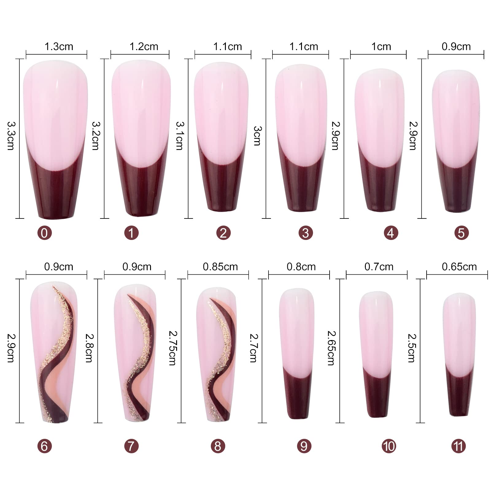24 Pcs Long Press on Nails - Nude Blue Ribbon Sweet Heart Coffin Fake Nails with Glossy Finish | Includes Nail Glue & Adhesive Tabs | Perfect for Nail Art, Parties, Weddings & Special Occasions (Pink Brown Red, T09-06)