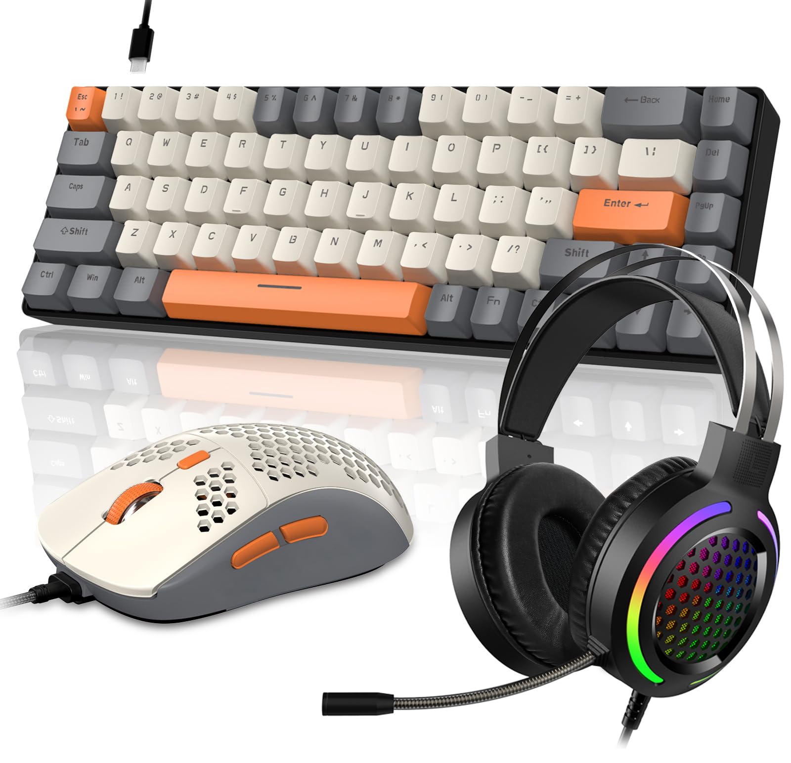 60% RGB Gaming Keyboard, Wired Mechanical Keyboard with 68 Keys TKL Compact Mini Layout, Honeycomb RGB Gaming Mouse (Up to 6400DPI), PC MAC PS5 Xbox Compatible - Perfect for Esports, Streaming & Office Work (Grey)