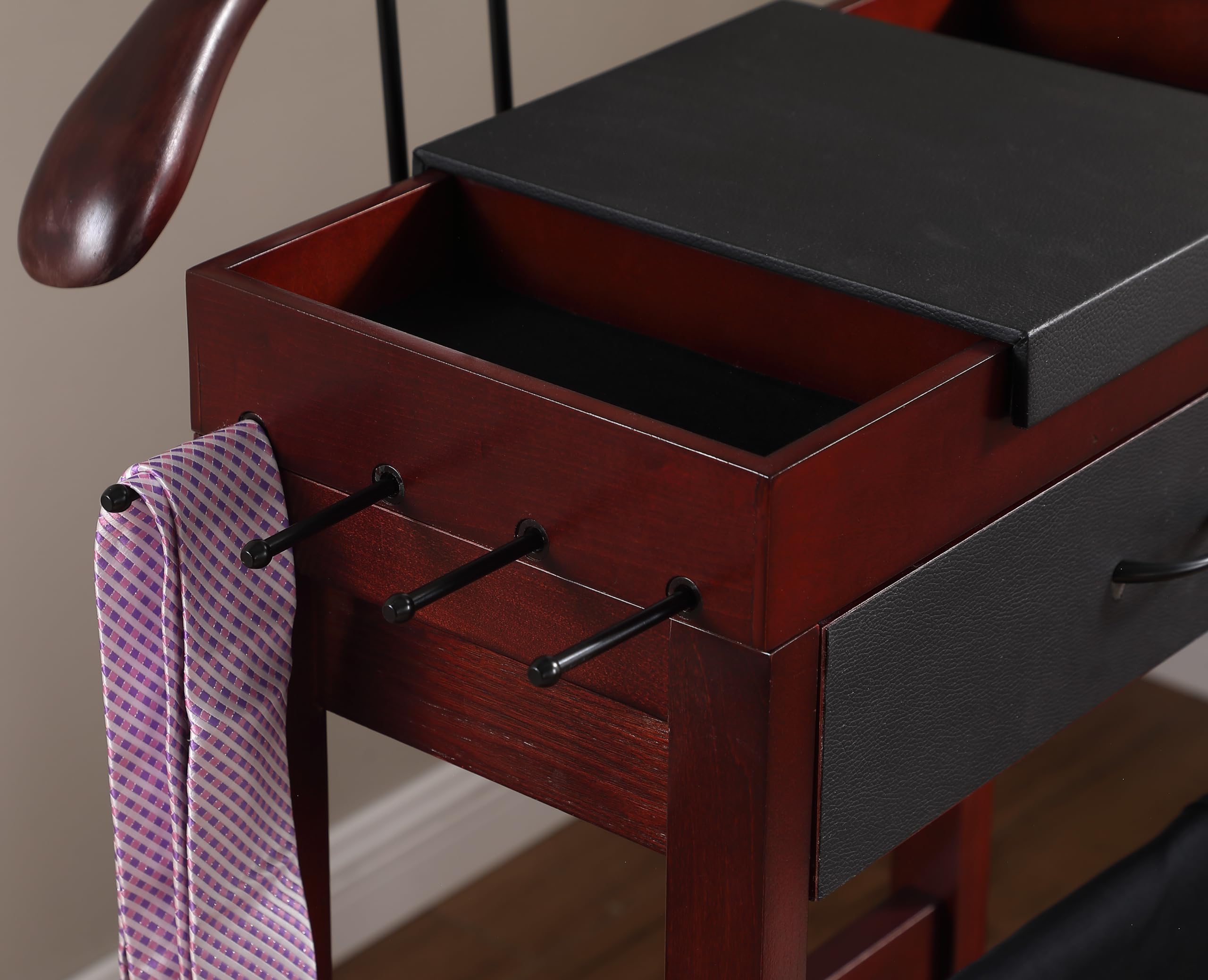 Premium Winston Wooden Clothes Valet Stand - Freestanding Wardrobe Organizer with Hanger, Pant Rod, Drawer, Tie Hook & Shoe Tray for Men & Women - Mahogany Finish - Perfect for Bedroom, Walk-in Closet & Dressing Room Organization