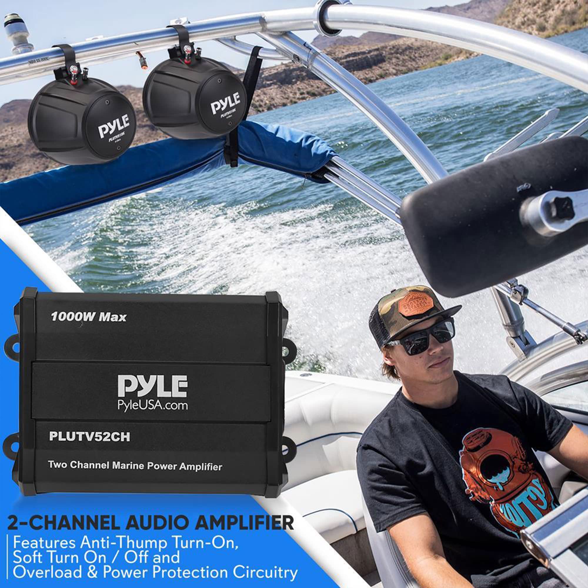 Pyle PLUTV52CH 1000W 5.25 Inch Waterproof Marine Speakers with Built-in Amplifier - 2-Channel Off-Road Audio System for ATV, UTV, Jeep, Boat & Wakeboard Towers - Durable Outdoor Stereo Speakers for Beach Parties, Poolside Lounging & Off-Grid Adventures