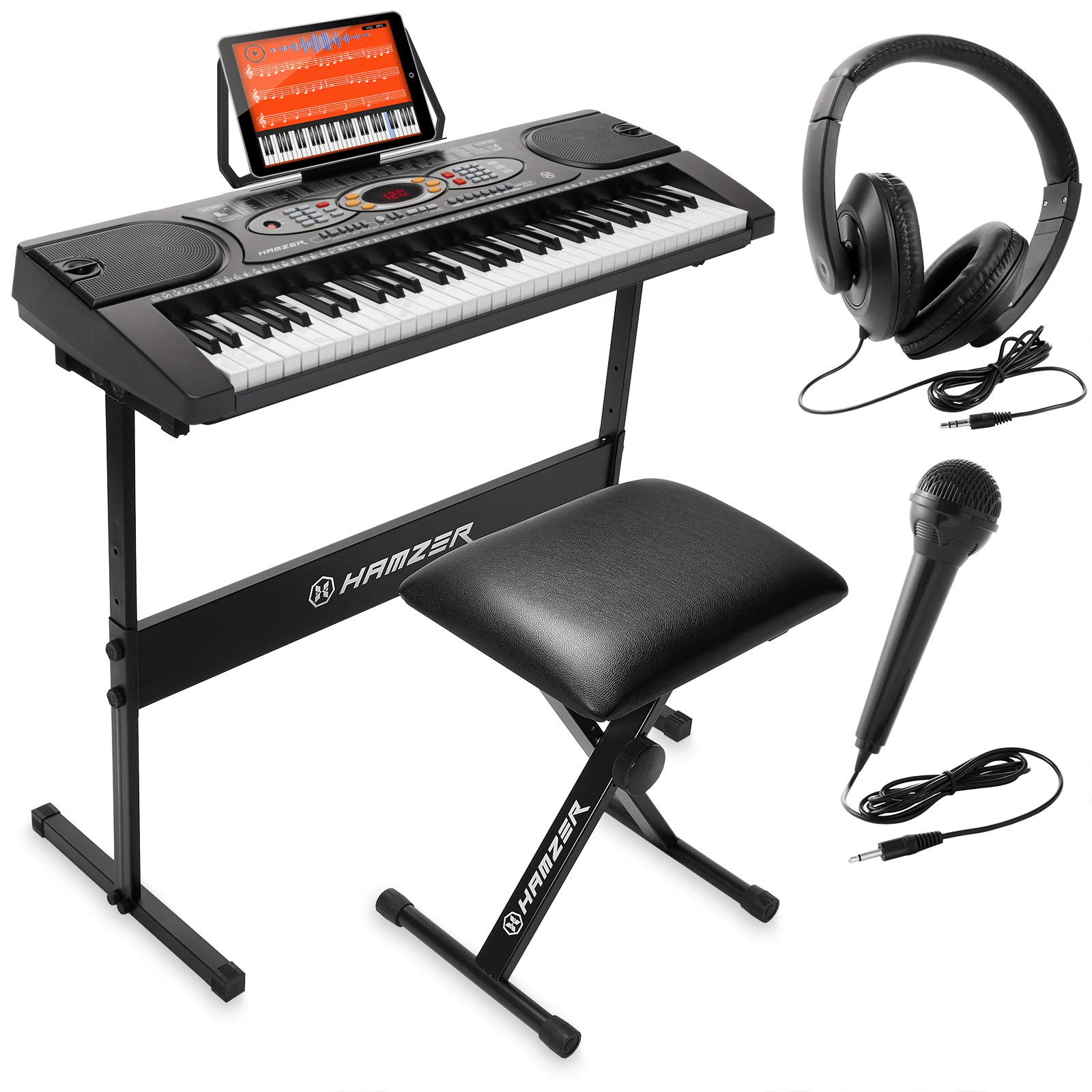 Hamzer 61-Key Portable Electronic Keyboard Piano with Stand, Stool, Headphones & Microphone - Ideal for Beginners, Home Practice & Music Lessons - Complete Digital Piano Starter Kit