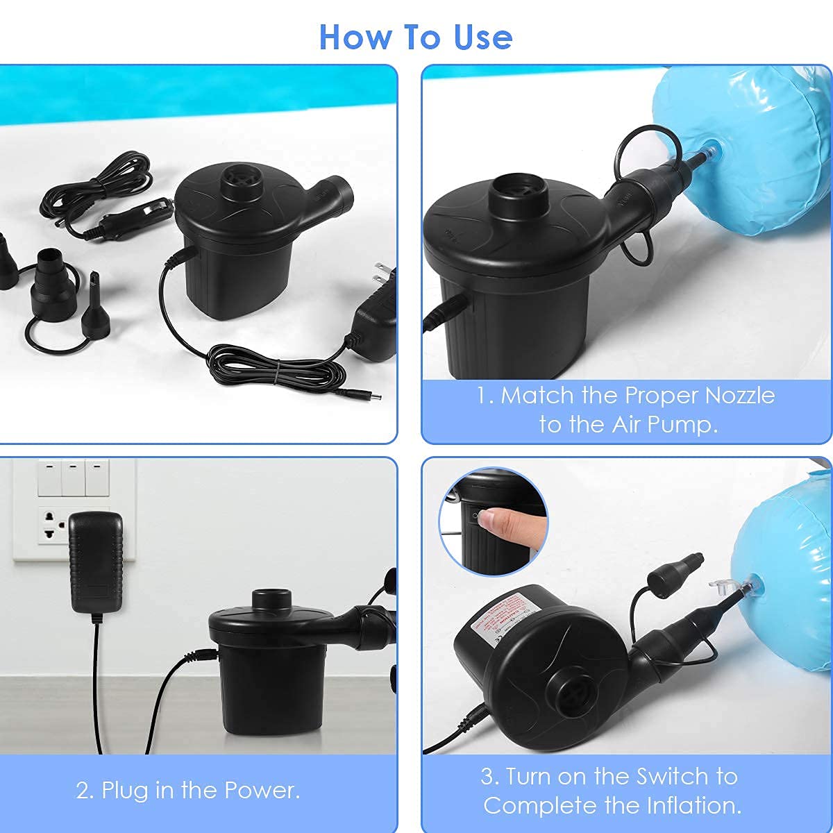 High Power Electric Air Pump - Quick Fill & Deflate for Air Mattress, Inflatable Pool Floats, Swimming Rings, Cushions - 3 Nozzles Included - 110-220V - Black - Perfect for Camping, Travel & Home Use