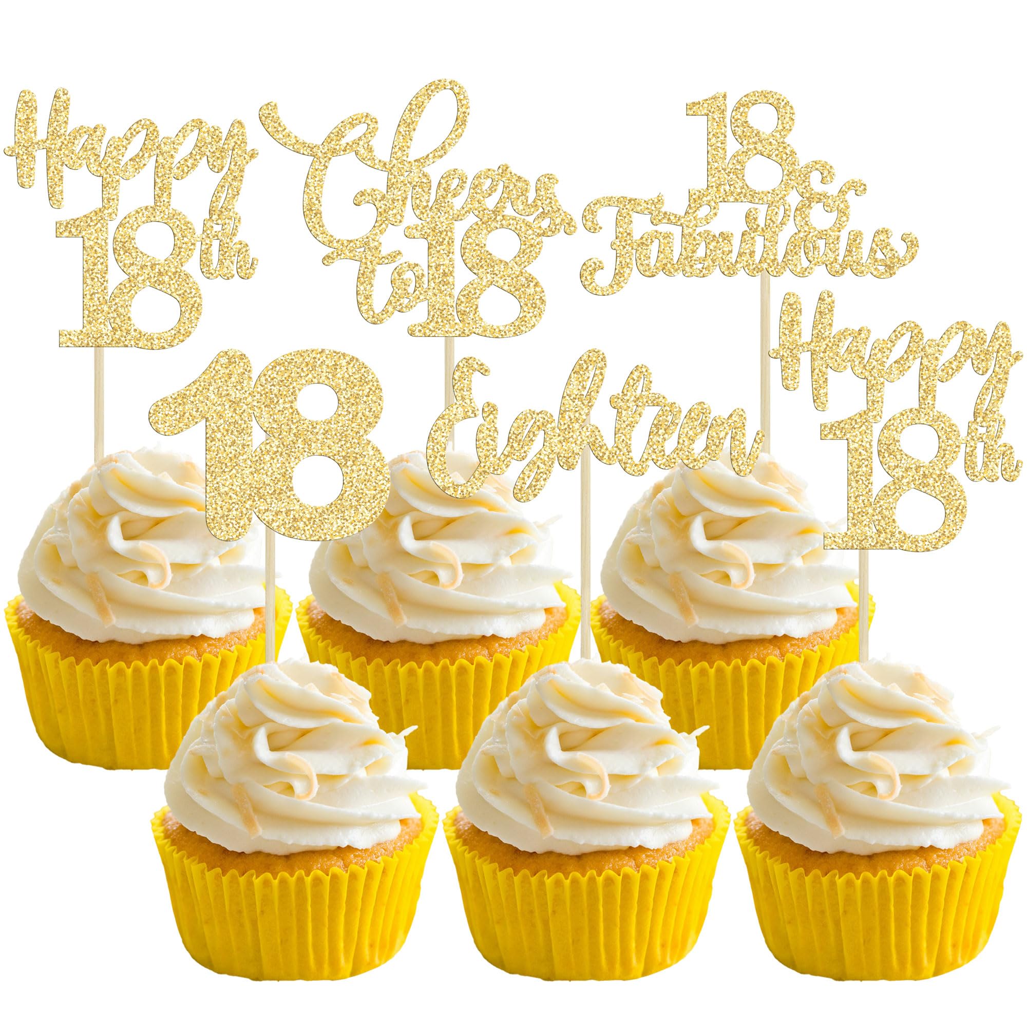 30 Pack Gold Glitter Happy 18th Birthday Cupcake Toppers - Cheers to 18 Years Cake Decorations for Anniversary Party, Graduation Celebration & Sweet 16 Decor