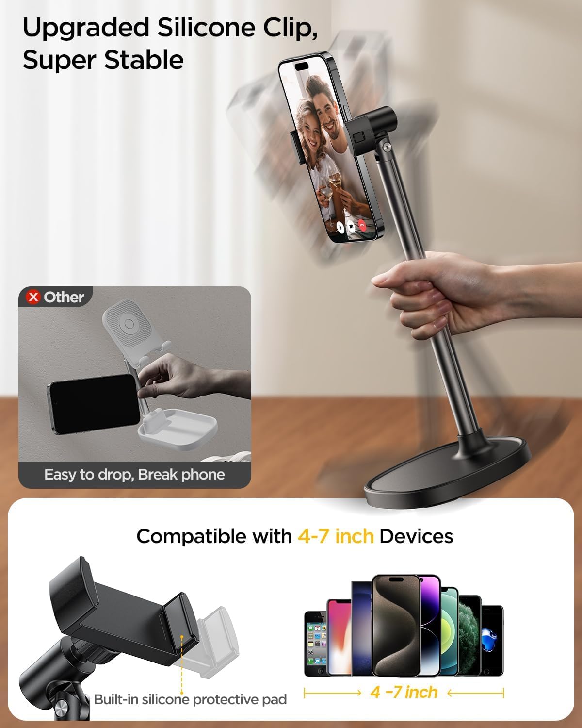 Adjustable Aluminum Alloy Phone Stand for Desk - Universal Retractable iPhone Holder for iPhone 16/15/Pro/Max/Plus - Perfect for Video Calls, Recording, Office & Home Use