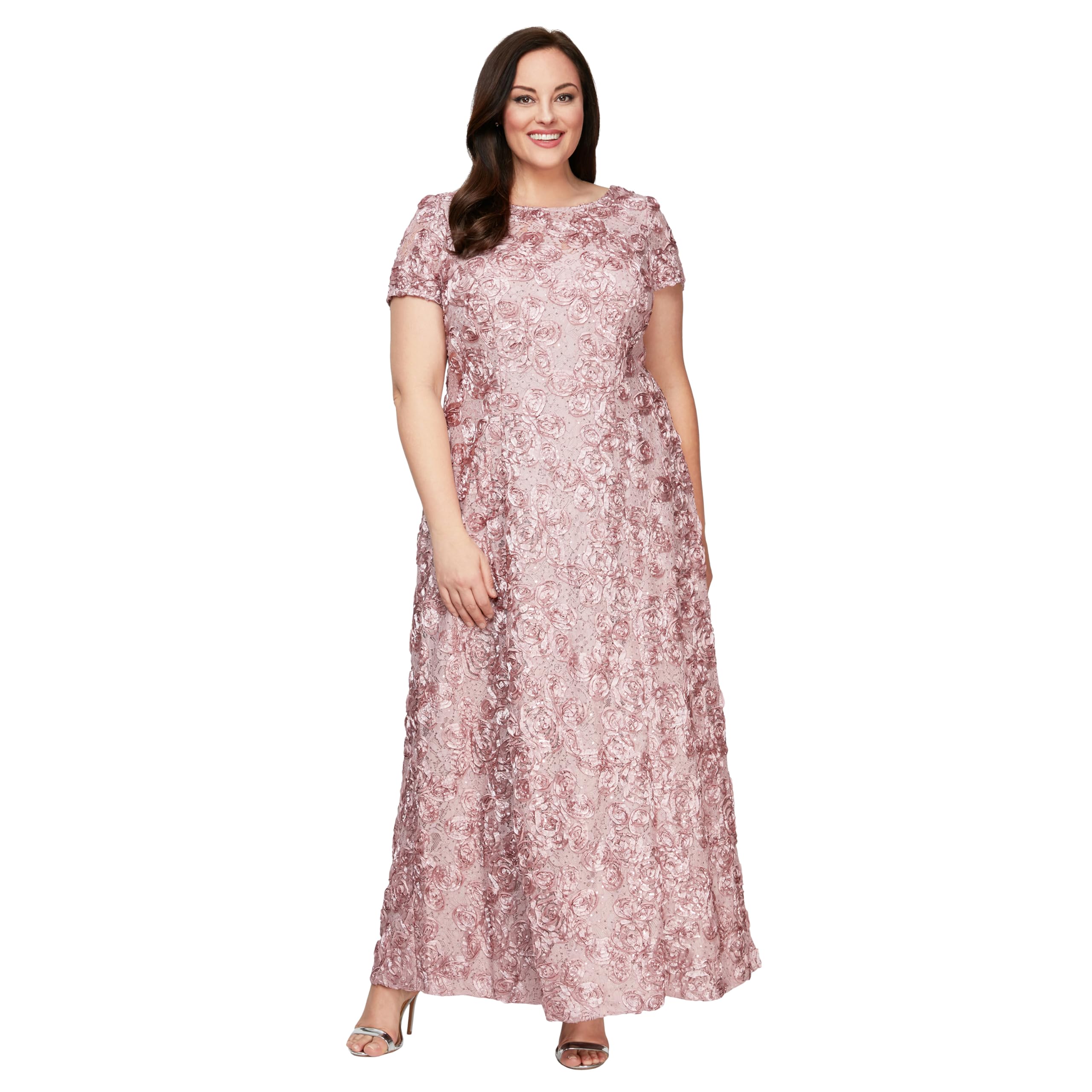 Alex Evenings Women's Plus Size Long Rosette Mother of The Bride Dress with Short Sleeves | Formal Evening Gown for Wedding Guest, Special Occasions & Black Tie Events