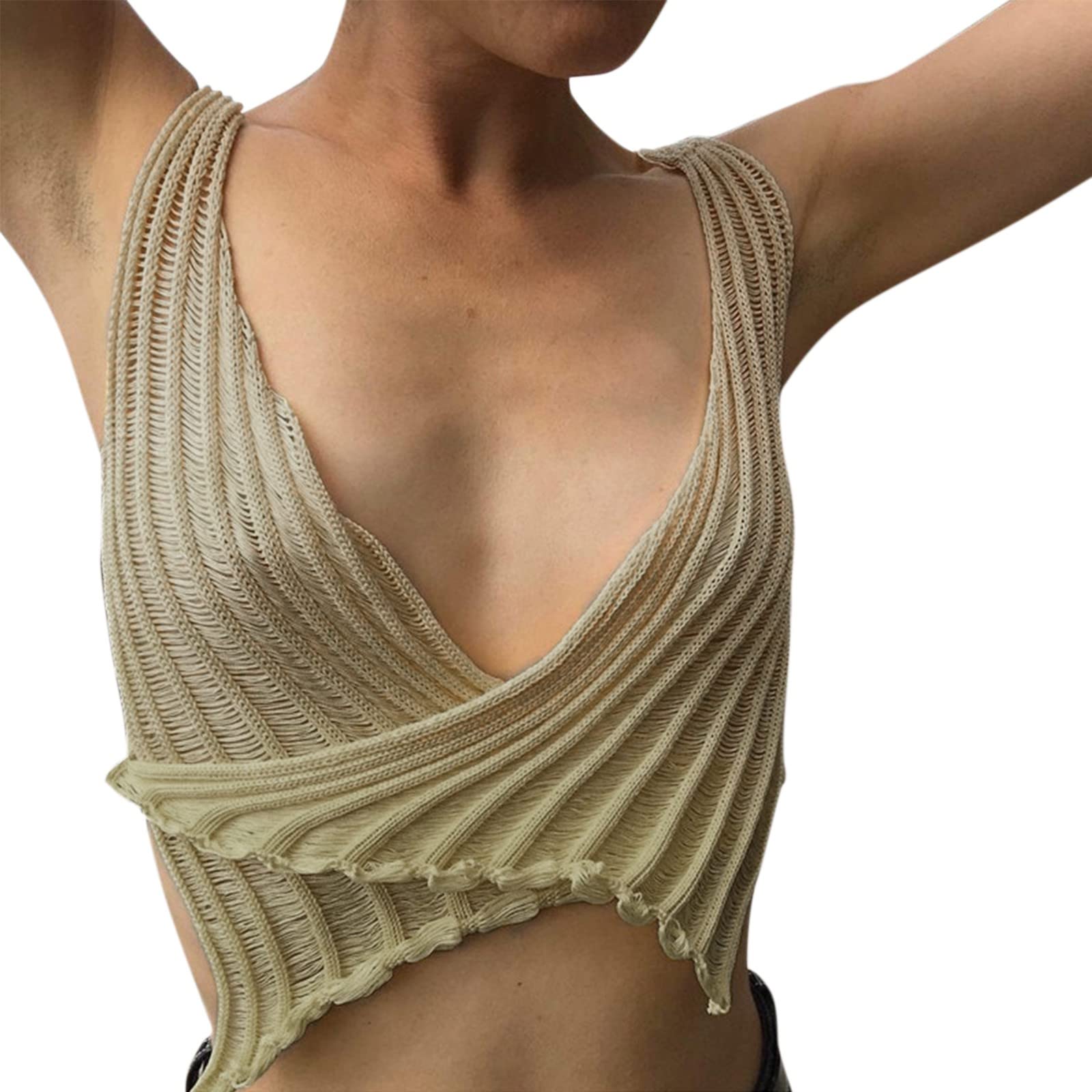 Women's Sleeveless V-Neck Tops - Sexy Loose Fit Beige Vest for Summer, Casual Wear & Office Outfits