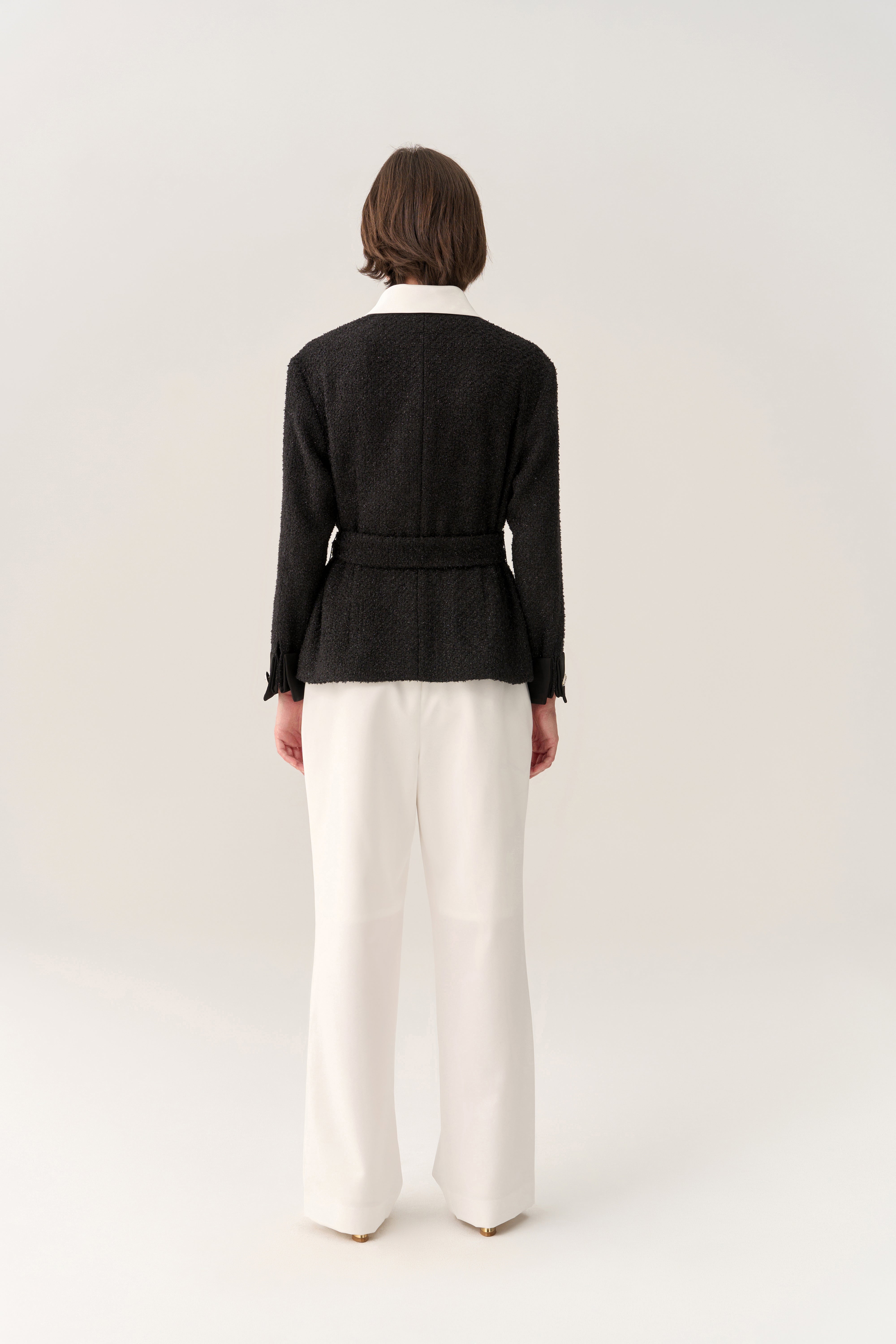 Stylish Lurex Tweed Tie Belt Blazer Jacket for Women - Elegant Office Wear & Evening Outfits