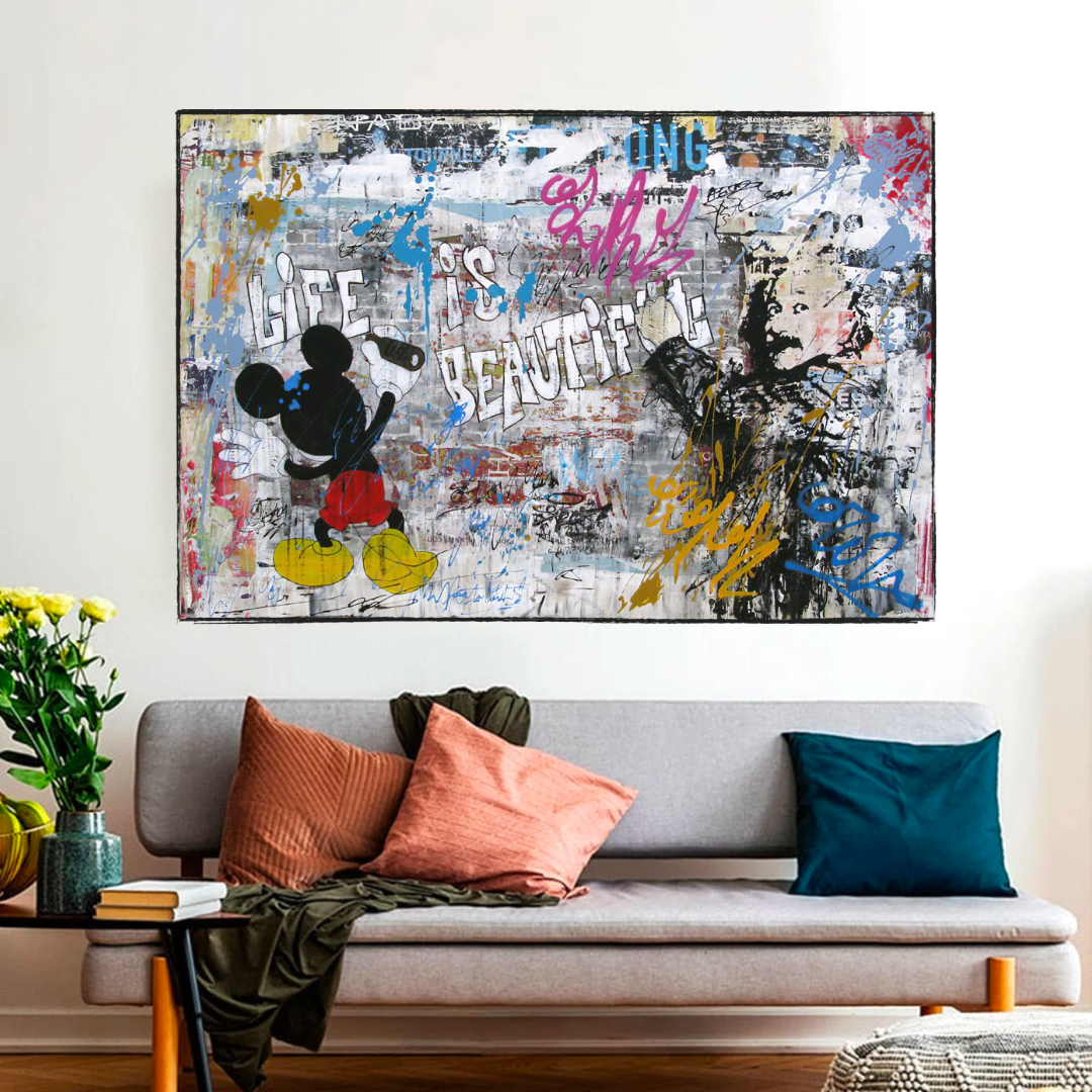 Banksy Life is Beautiful Mickey Mouse Canvas Wall Art Print - Pop Art Home Decor for Living Room, Bedroom & Office