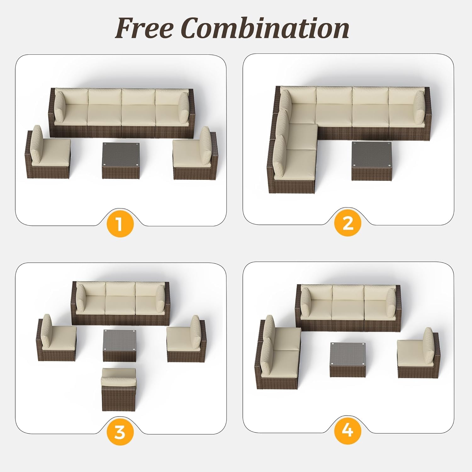 **Sunvivi 7-Piece All-Weather Outdoor Patio Furniture Set - Gray PE Wicker Sofa Couch with Glass Table, Removable Beige Cushions & Brown Rattan - Perfect for Garden, Poolside, and Backyard Relaxation**
