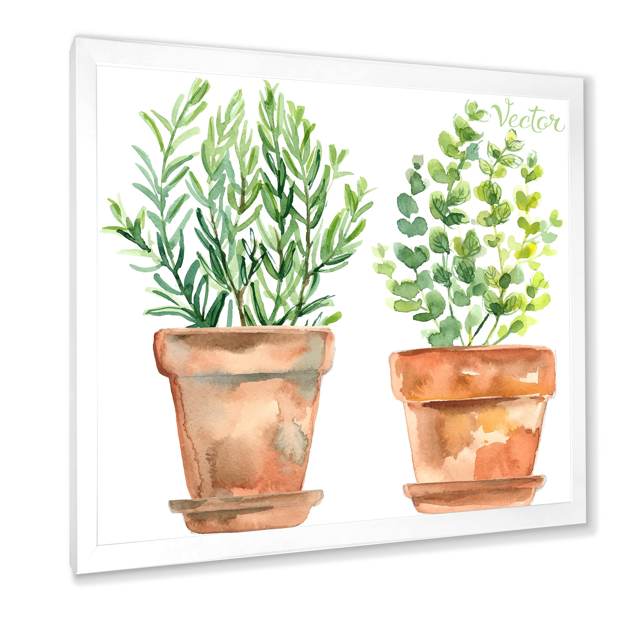 DesignQ Two Green House Plants in Orange Flower Pots - Traditional Framed Wall Art Decor for Living Room, Bedroom & Office