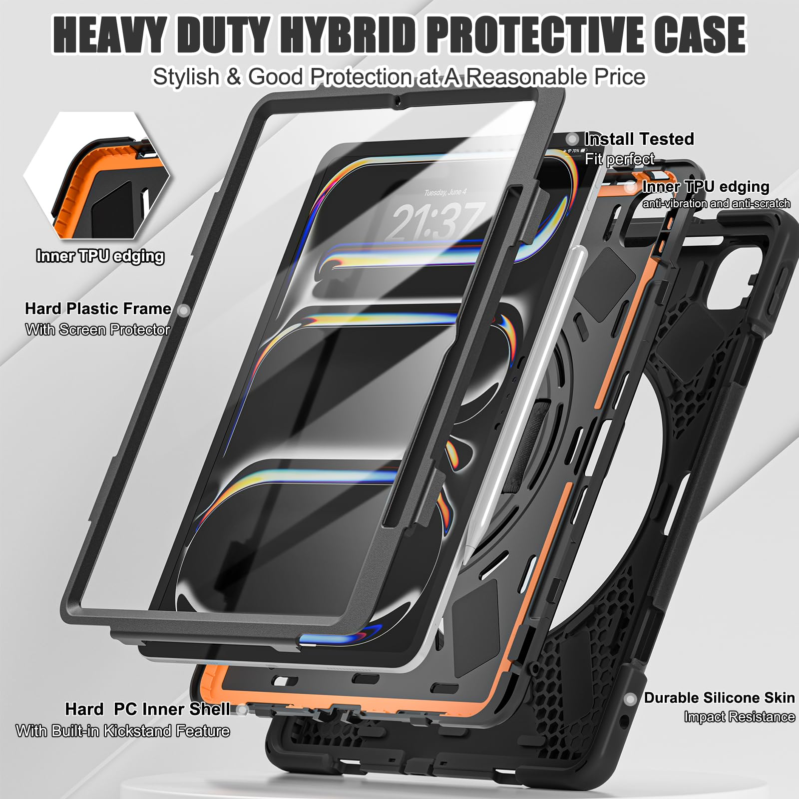 **TSQQST iPad Pro 13 Inch Case 2024 (7th Gen) M4 - Heavy Duty Rugged Protective Cover with Screen Protector, Pencil Holder, 360° Rotating Stand & Hand Strap - Military Grade Shockproof for iPad Pro 13