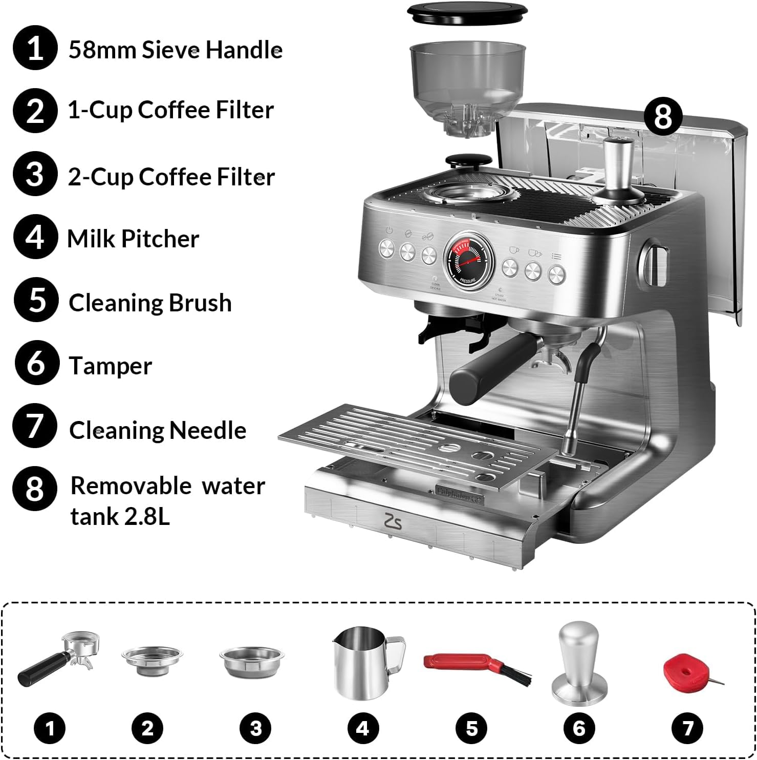 Premium Semi-Automatic Espresso Machine - 20 Bar Pressure Coffee Maker with 30 Grind Settings, Built-in Grinder, Milk Frother & Steam Wand - Removable Water Tank - Perfect for Espresso, Latte & Cappuccino at Home or Office
