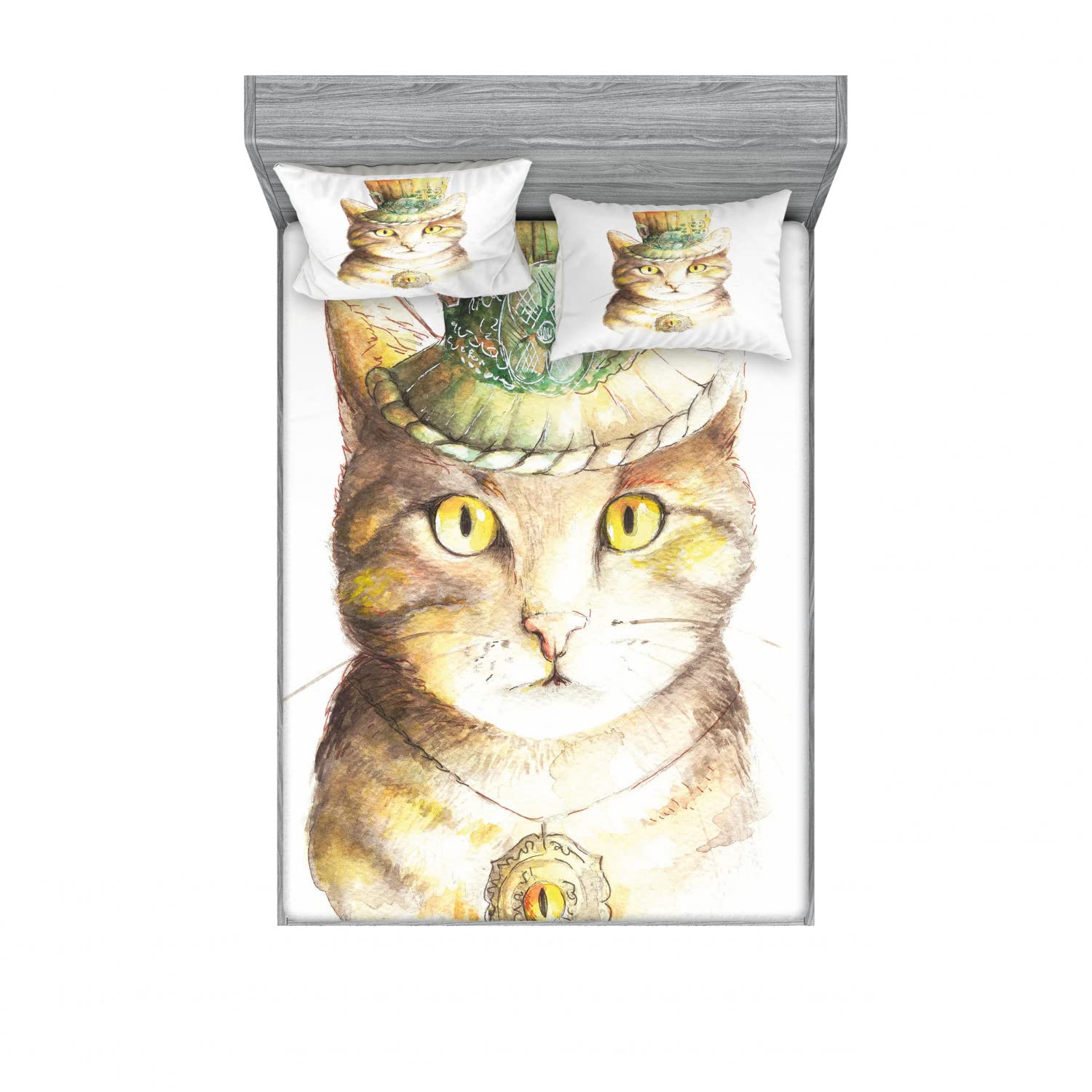 Ambesonne 2-Pack Cat Themed Queen Size Fitted Sheet Set with 4 Pillow Shams - Watercolor Animal Print Bedding in Yellow & Grey - Soft Stretchable Sheets for Cozy Bedroom Decor (Perfect for Pet Lovers' Home & Guest Room Styling)