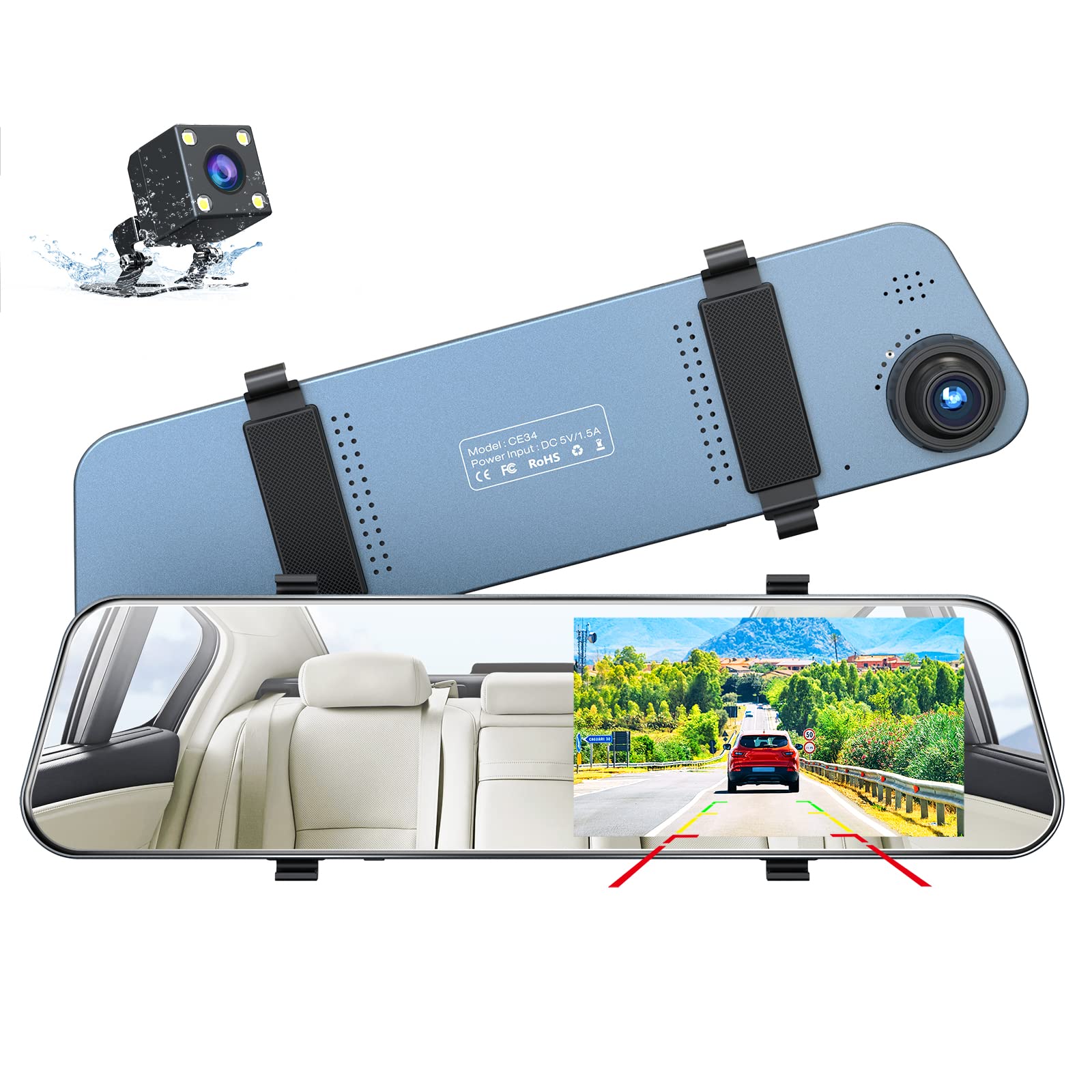 1080P Vehicle Backup Camera with 5” Touch Screen Dash Cam Mirror - Waterproof Rear View Camera for Trucks, Split Screen System & 4 LED Lights - Perfect for Parking, Reversing & Night Driving