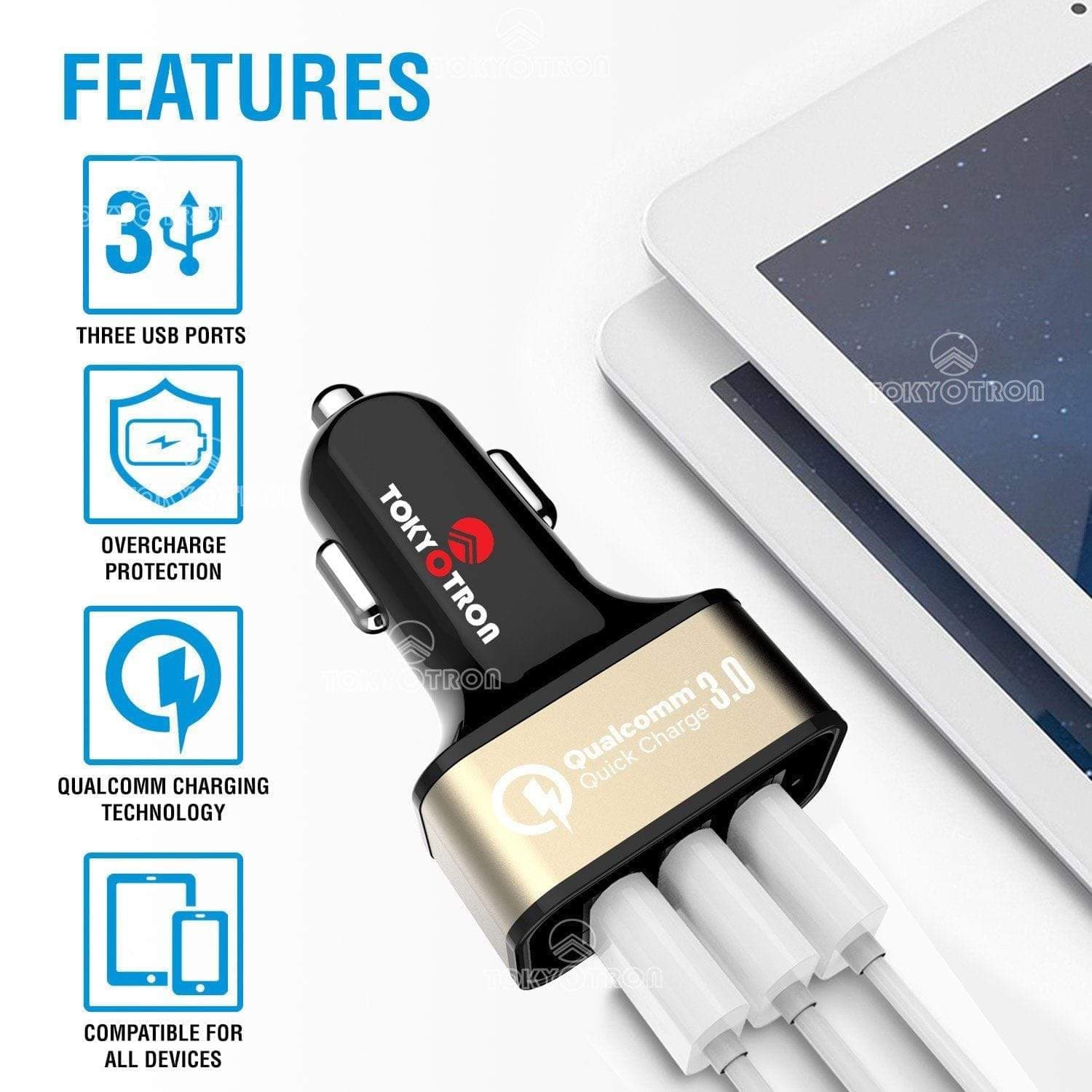 Fast Charging Tokyotron 3-Port USB Car Charger with Qualcomm Quick Charge 3.0 - Power Multiple Devices On-The-Go for Road Trips & Commuting