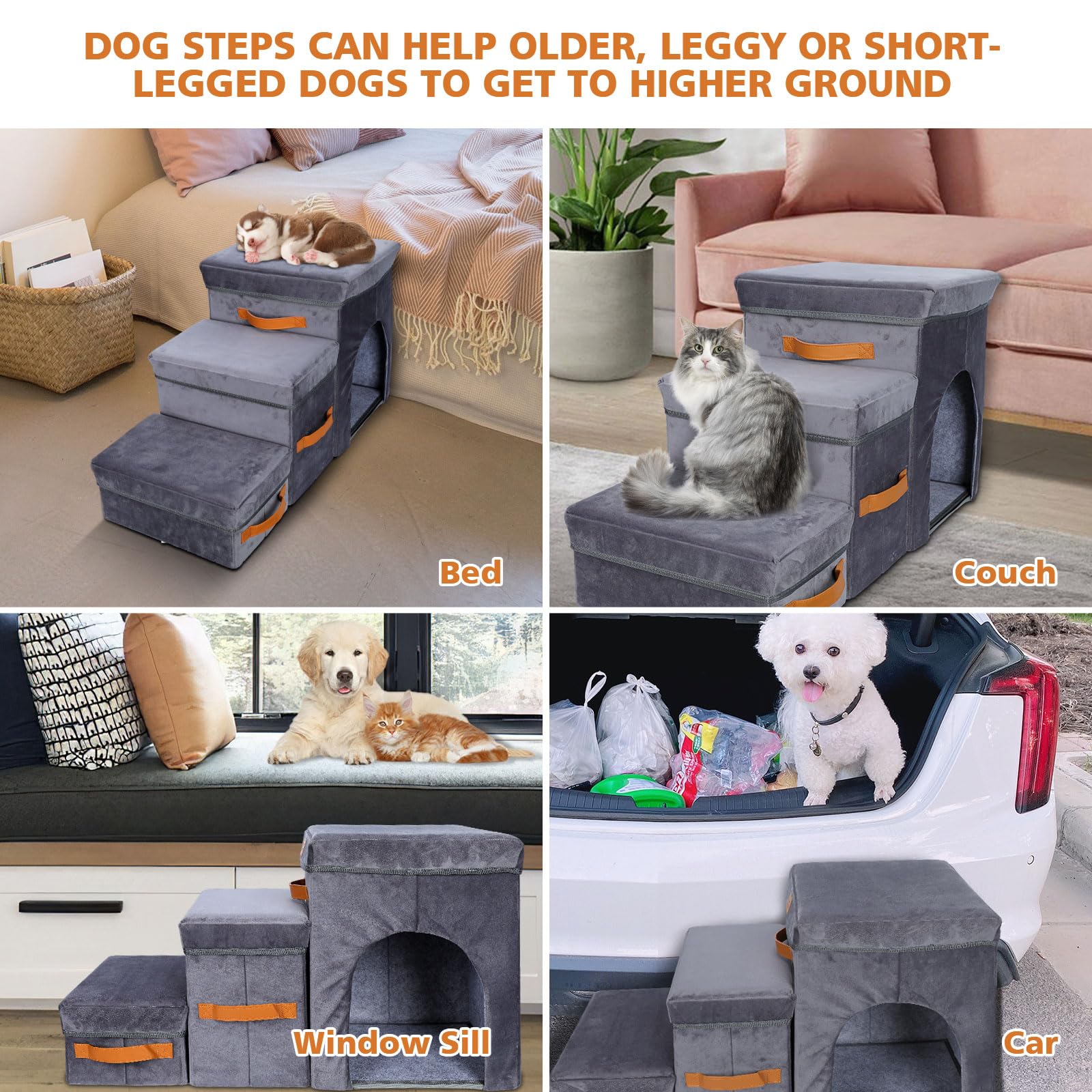 Topmart 3-Step Foldable Dog Stairs for Small & Senior Pets - Lightweight Pet Ramp with Storage Boxes & Dog Condo - Perfect for Beds, Couches & Cars - Helps Injured, Elderly & Short-Legged Dogs Climb Safely