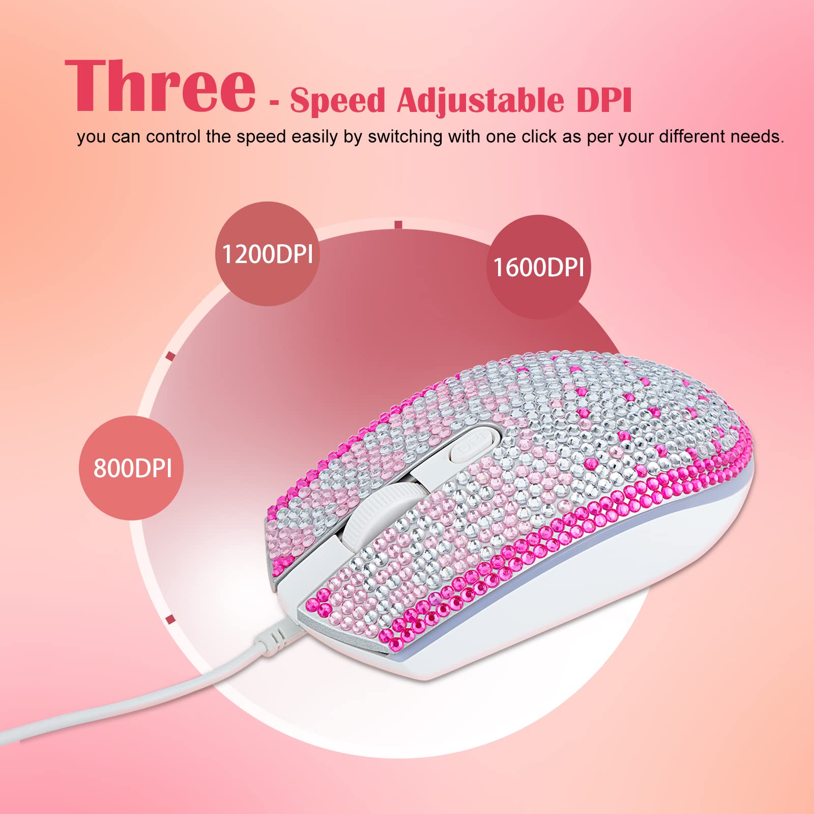 KEYPOWER Bling Rhinestones USB Wired Mouse with 7 Colors Backlit, Personalized Gift for Computer Laptop, Perfect for Gaming, Office, and Home Use