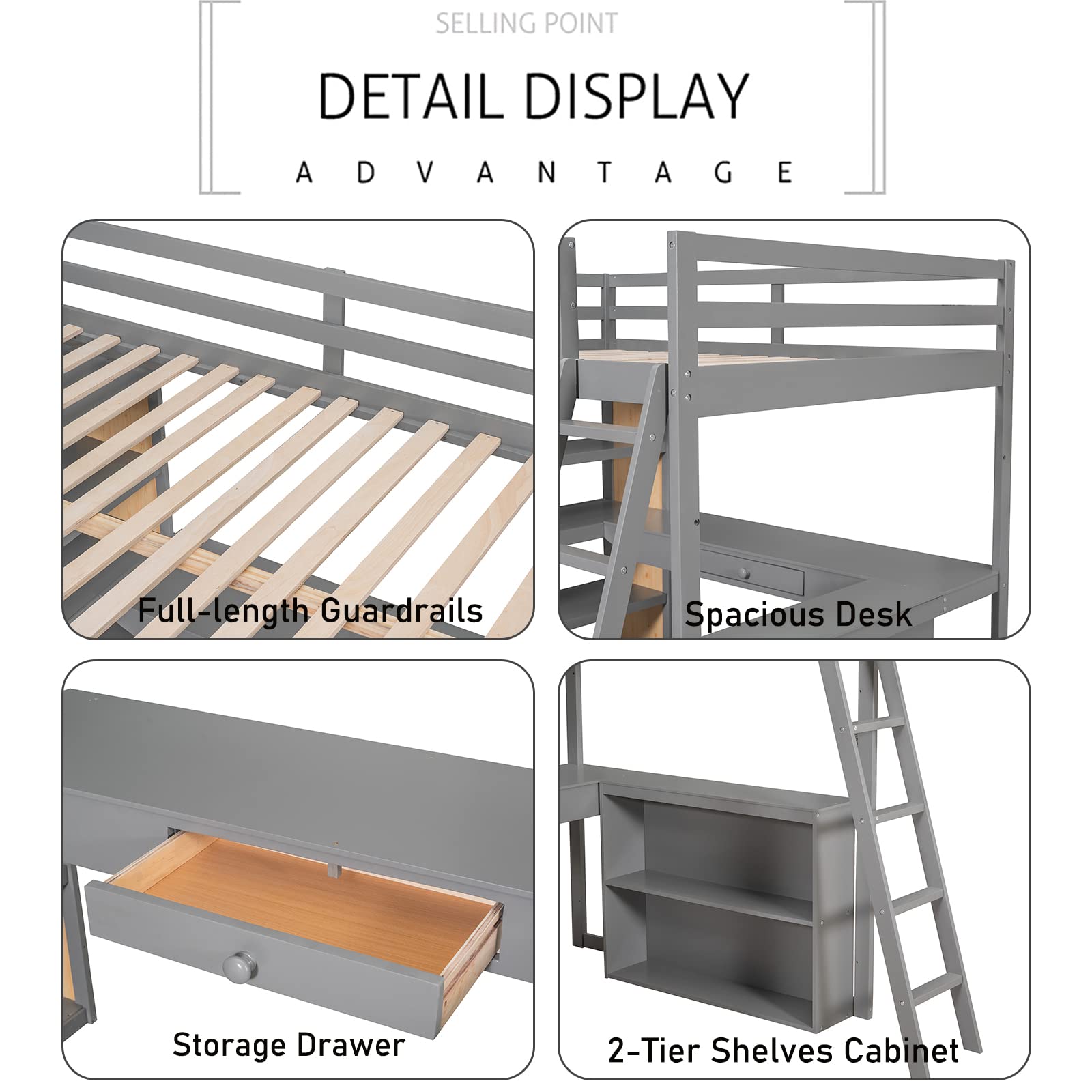 Harper & Bright Designs Twin Size Loft Bed with Desk & Storage - Wooden Study Loft Bed with Shelves, Cabinet & Drawers for Kids, Teens, Boys & Girls - Space-Saving Bedroom Furniture for Small Rooms (Grey, Twin Size) - Perfect for Dorm Rooms, Kids' Bedrooms & Small Apartments
