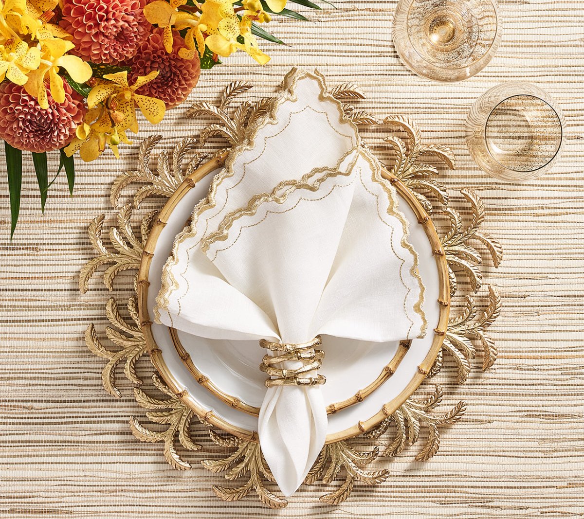 Gold Palmera Charger Plates - Set of 4 for Elegant Dinner Parties, Wedding Decor & Formal Table Settings