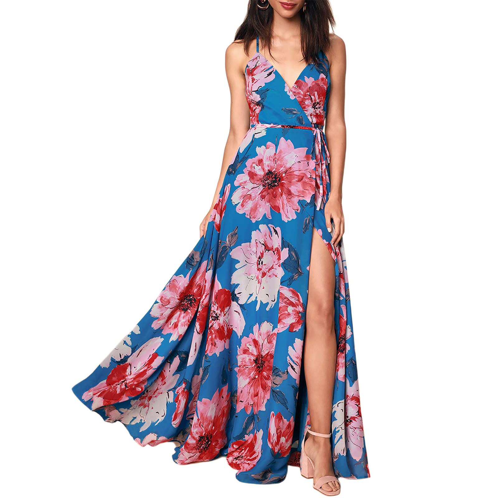 MYBFYABO Women's Bohemian Maxi Dress - Sleeveless Spaghetti Strap V-Neck Floral Print High Slit Summer Beach Dress for Vacation, Party & Casual Wear