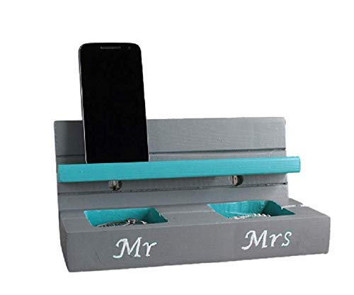 Handmade Gray & Turquoise Cell Phone Stand & Charging Station - Holds & Charges 2 Phones - Nightstand Organizer - Perfect Gift for Couples (Mr & Mrs) - Ideal for Bedroom, Office & Travel Accessories