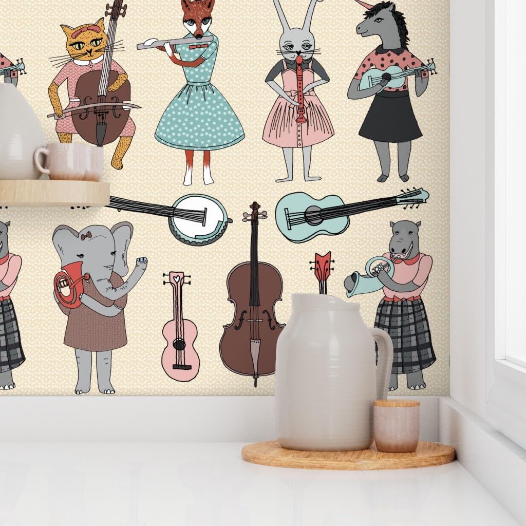 12ft x 2ft Peel and Stick Removable Wallpaper - Animal Band Music Instrument Nursery Decor | Custom Baby Room Wallpaper by Spoonflower | Perfect for Kids' Bedrooms, Playrooms & Nursery Walls