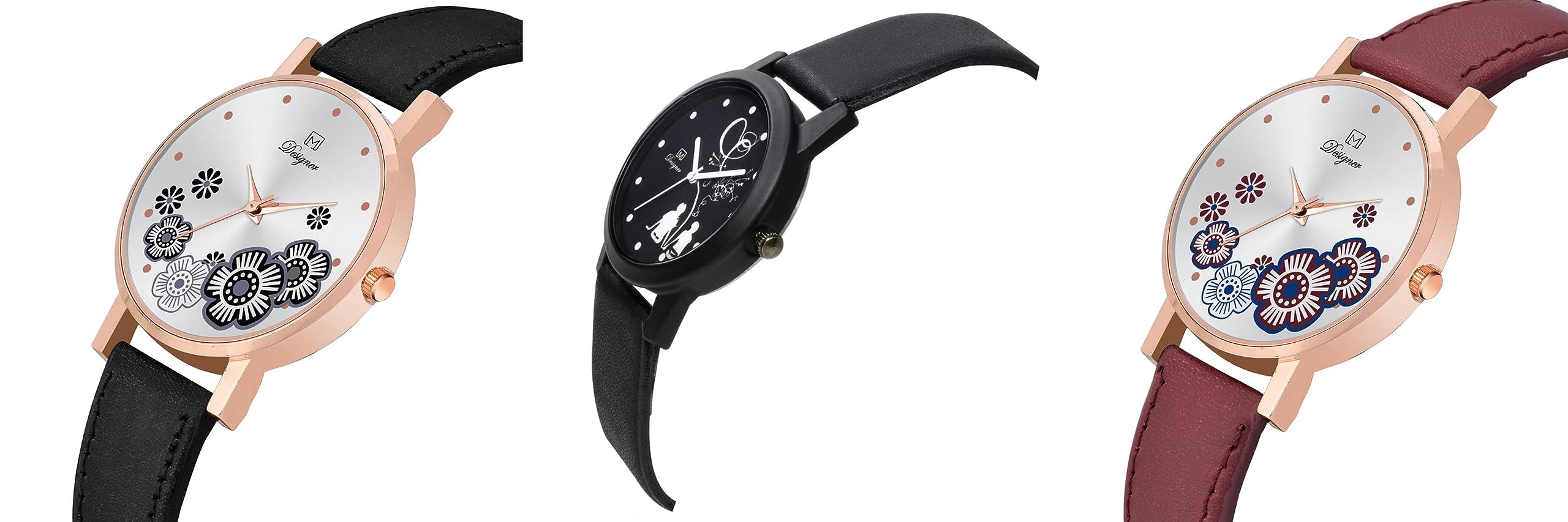 Stylish Bollywood Designer Analog Watches for Women & Girls - Leather Strap, Floral Print, Quartz Movement - 3-Pack Combo Set | Perfect for Parties, Weddings & Everyday Fashion Accessories