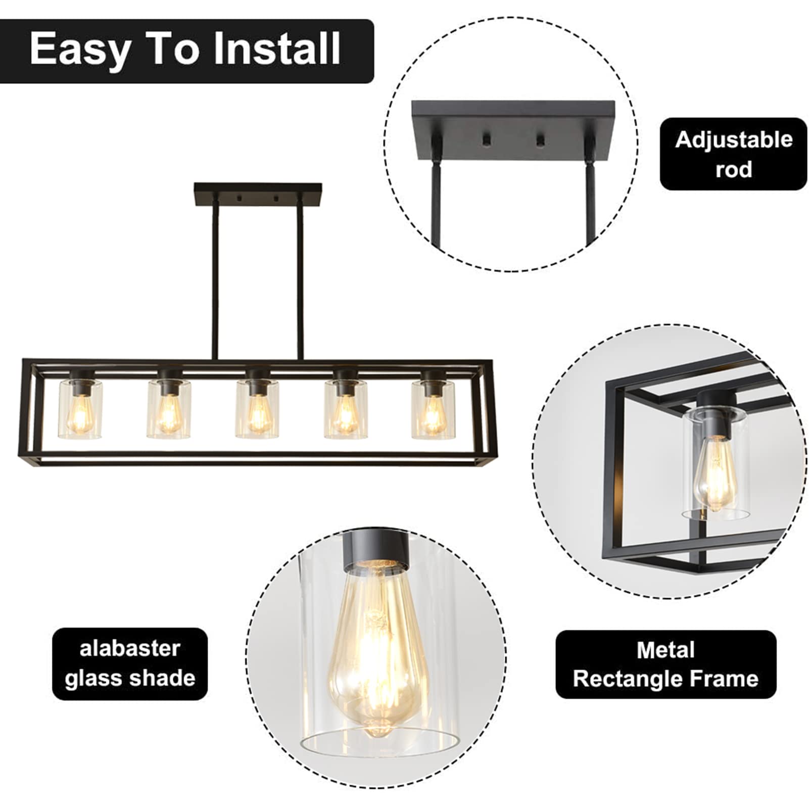 Modern Farmhouse Black Rectangle Pendant Light - Adjustable Kitchen Island Lighting with Glass Shade for Dining Room & Breakfast Nook | Contemporary Chandelier for Rustic & Industrial Decor