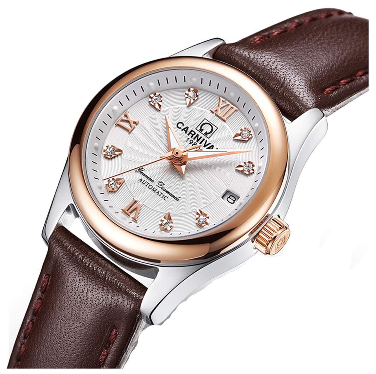 Luxury Women's Automatic Mechanical Watch with Luminous Hands, Calendar, Diamond Accents & Waterproof Leather Strap - Rose Gold & Brown | Perfect for Business, Party & Everyday Wear