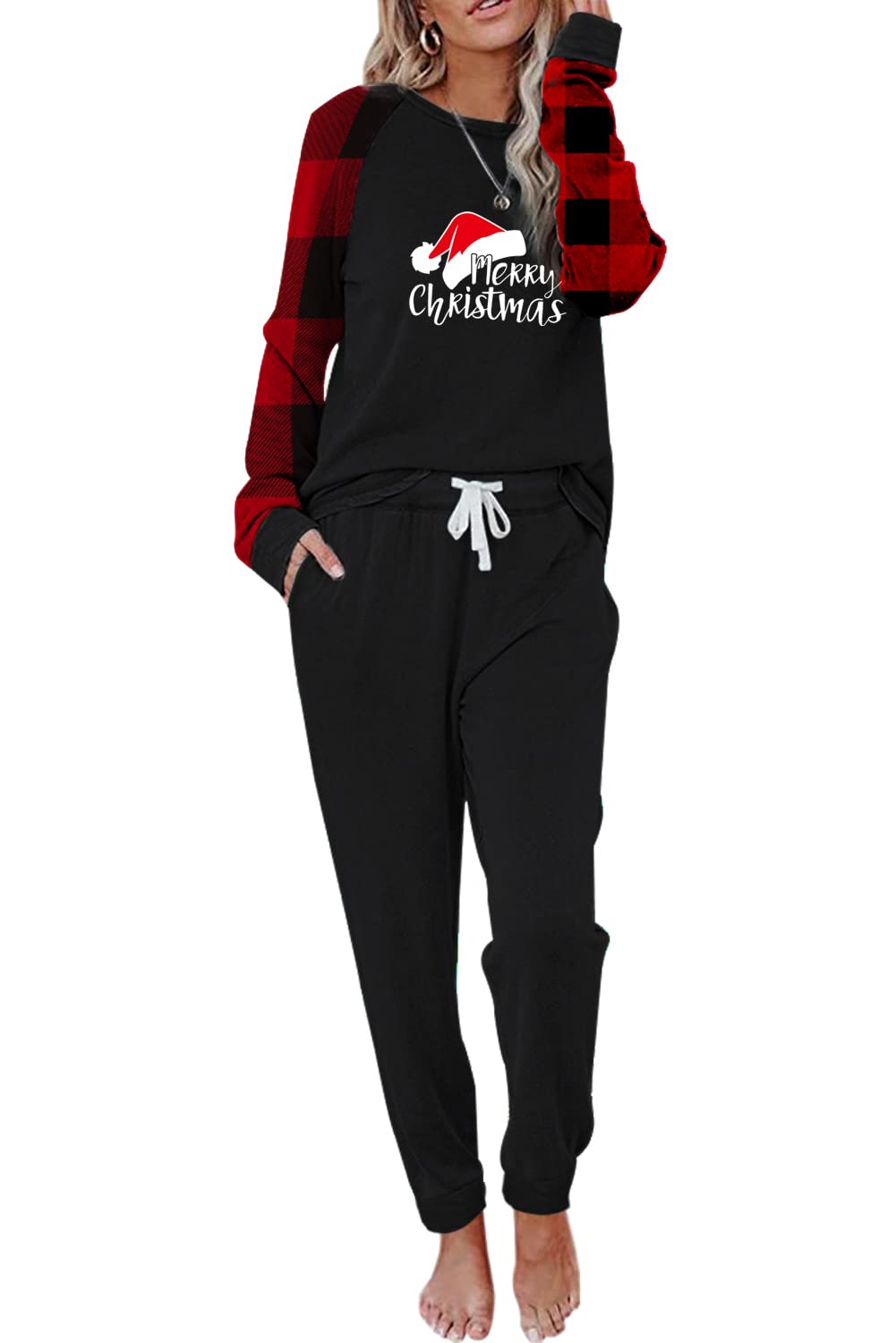 MSONWANY Women's Christmas Tree Antler Print Two-Piece Sweatsuit Set - Cozy Jogging Suit & Lounge Wear for Holiday Parties, Winter Workouts & Casual Outfits
