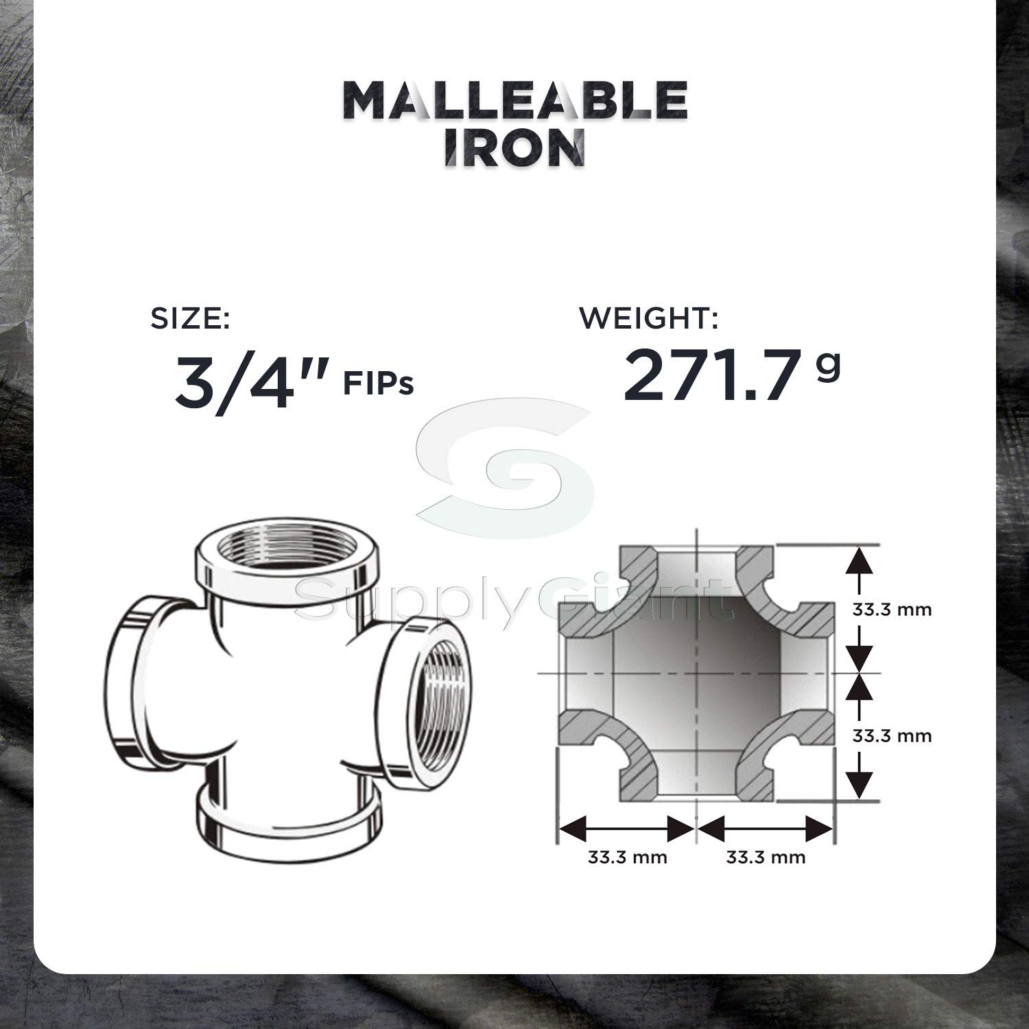 3/4 Inch Black Malleable Iron Cross Fitting - Heavy Duty Pipe Connector for Plumbing, HVAC, and Industrial Applications - Perfect for Water, Gas, and Steam Systems