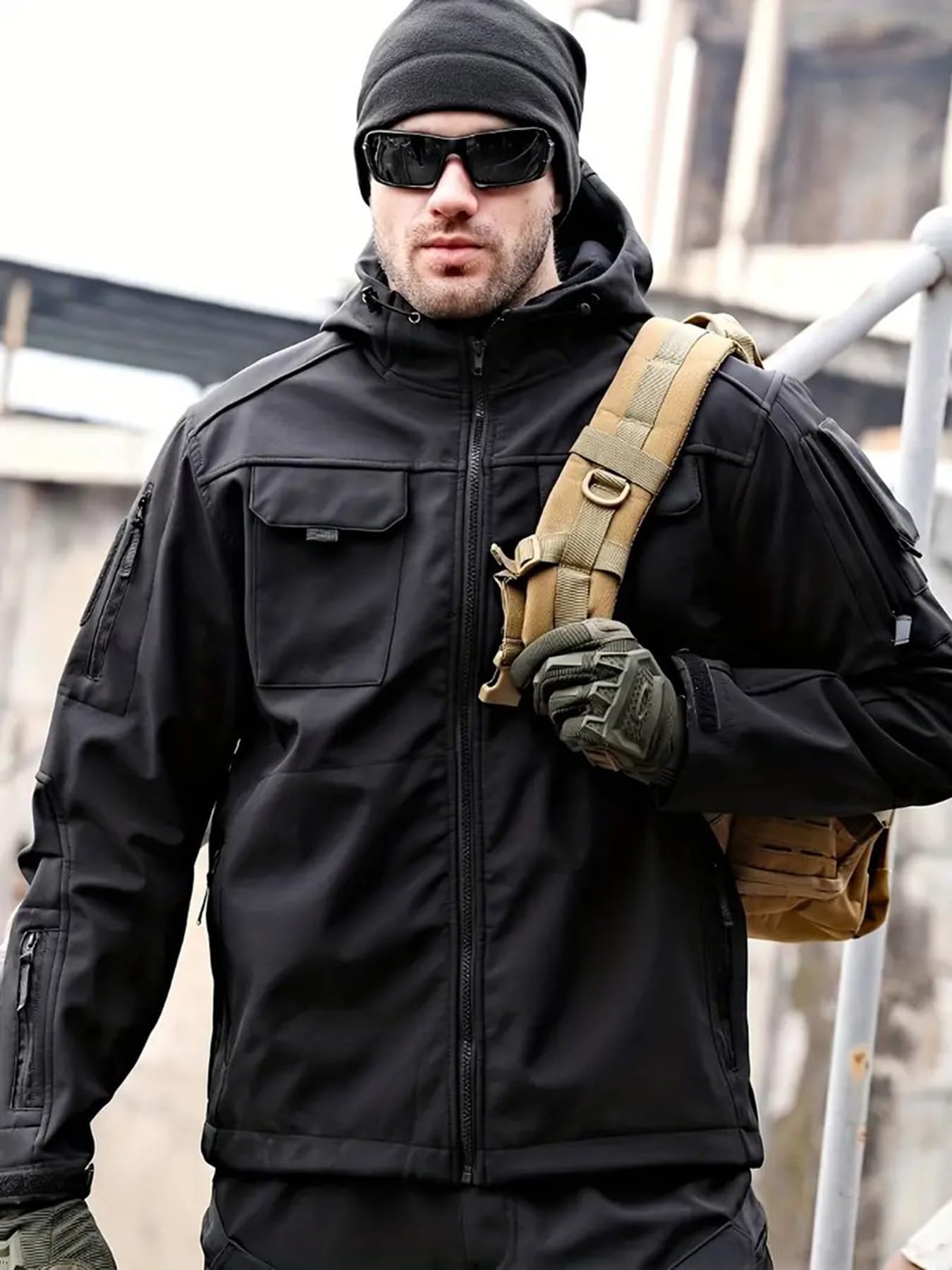 Men's Tactical Soft Shell Jacket - Lightweight Water-Resistant Windbreaker with Hood & Pockets for Outdoor Hiking, Camping & Daily Wear | Spring Fall Jacket for Men