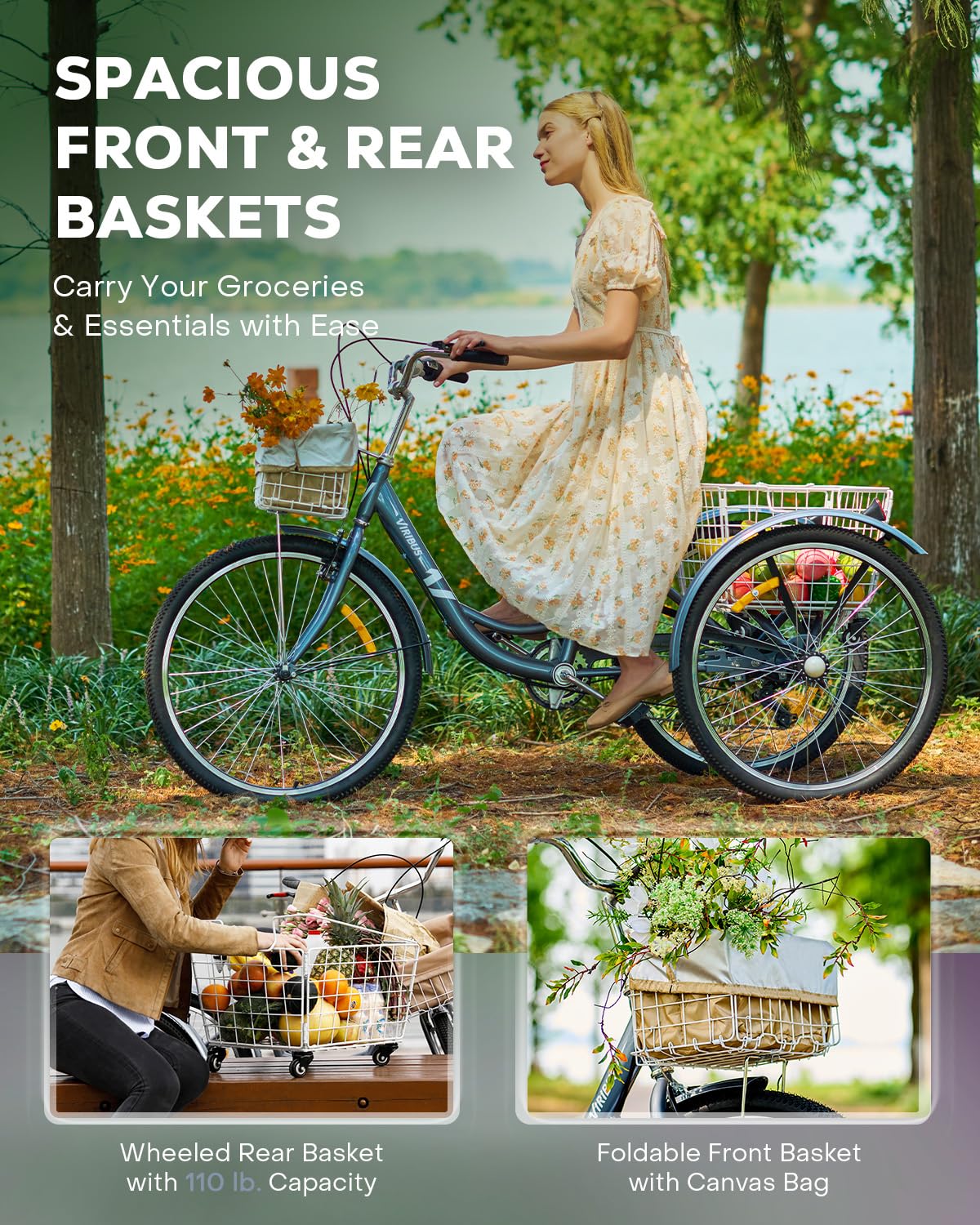 Viribus 24-26 Inch 7-Speed Adult Tricycle for Women & Men - Heavy Duty 400 lb Capacity 3-Wheel Bike with Front & Rear Baskets - Perfect for Commuting, Grocery Shopping & Senior Recreation