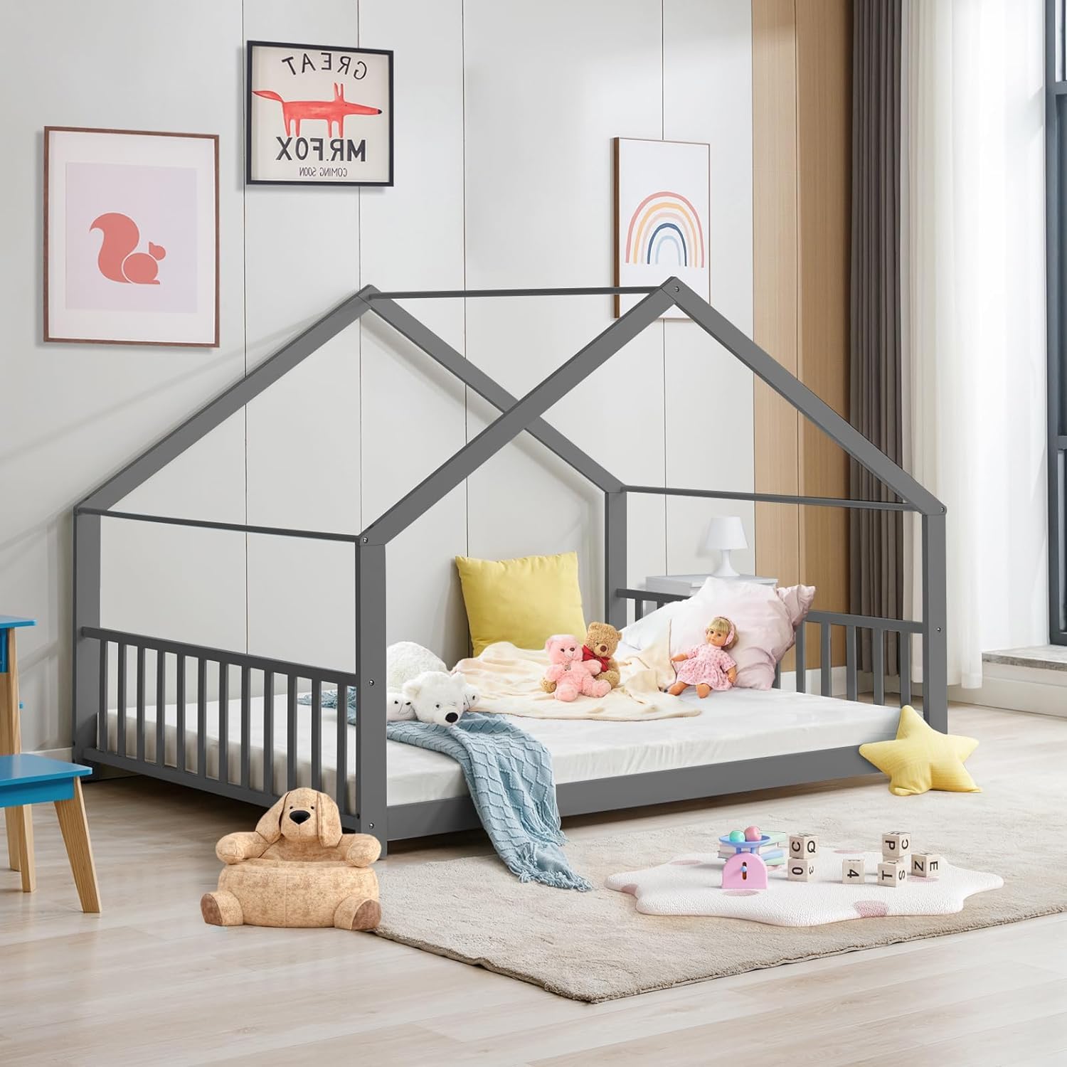 Montessori Floor Bed Full Twin Size - Solid Wood House Bed with Headboard & Footboard, No Box Spring Needed, Playhouse Toddler Bed Frame for Boys & Girls (Grey) - Perfect for Montessori Rooms, Kids Bedrooms & Play Areas