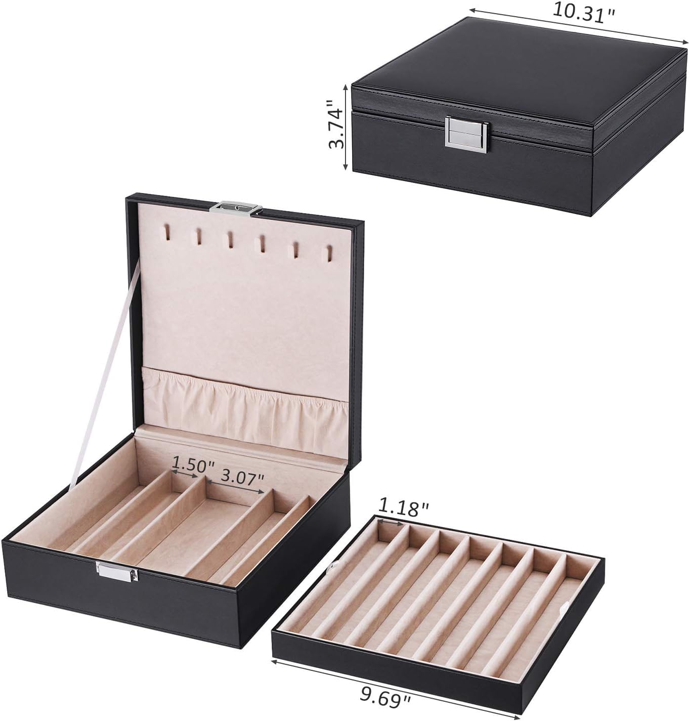BEWISHOME Jewelry Organizer Box for Necklaces, Bracelets & Chains - 12 Compartments (7 Regular + 5 Large), 6 Hooks, 2-Layer Storage - Perfect Jewelry Box for Women & Girls - Black SSH31B | Great for Travel, Bedroom Vanity & Gift Giving